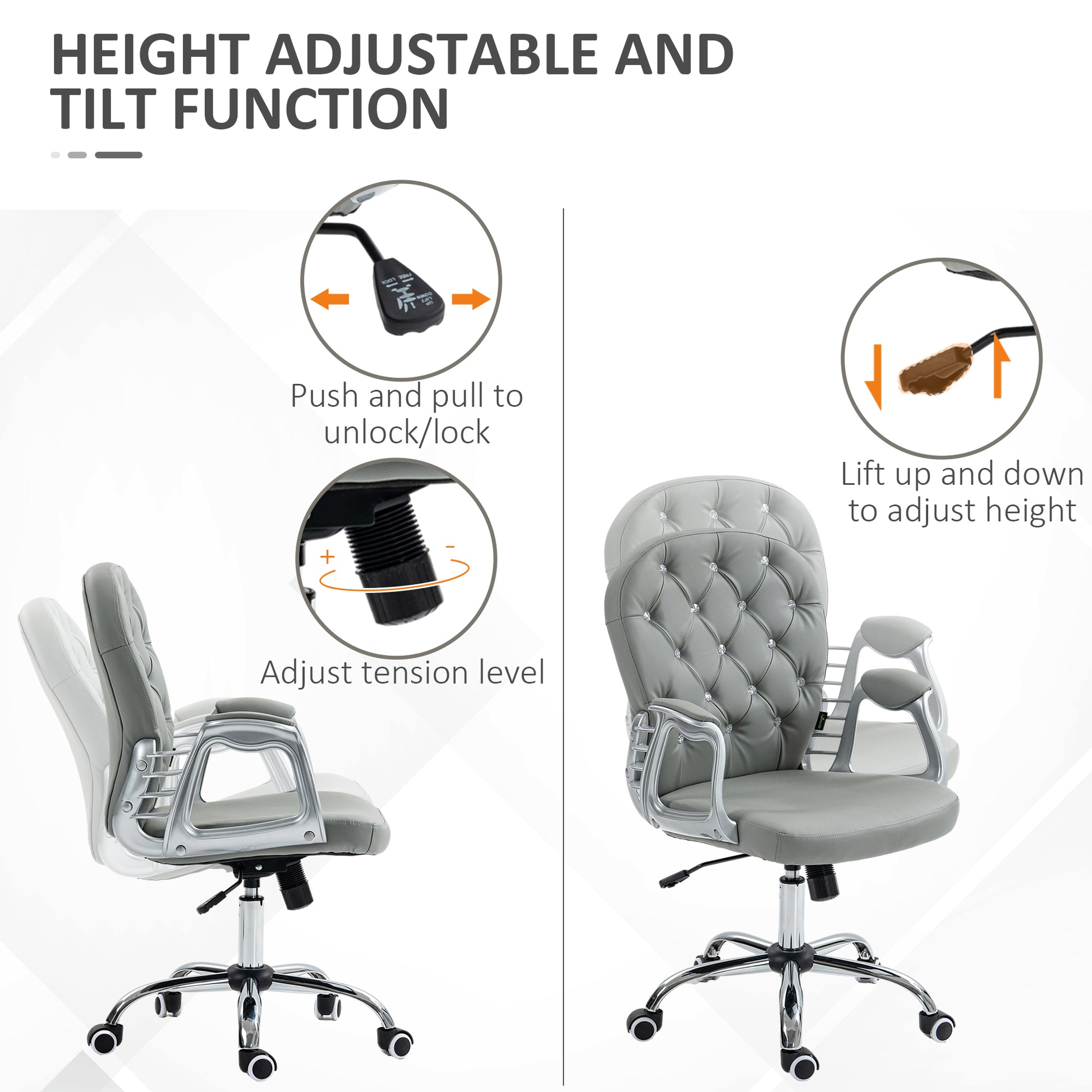 Vinsetto Ergonomic Computer Desk Chair with 360° Swivel, PU Diamante Padded, Base 5 Castor Wheels in Grey-2