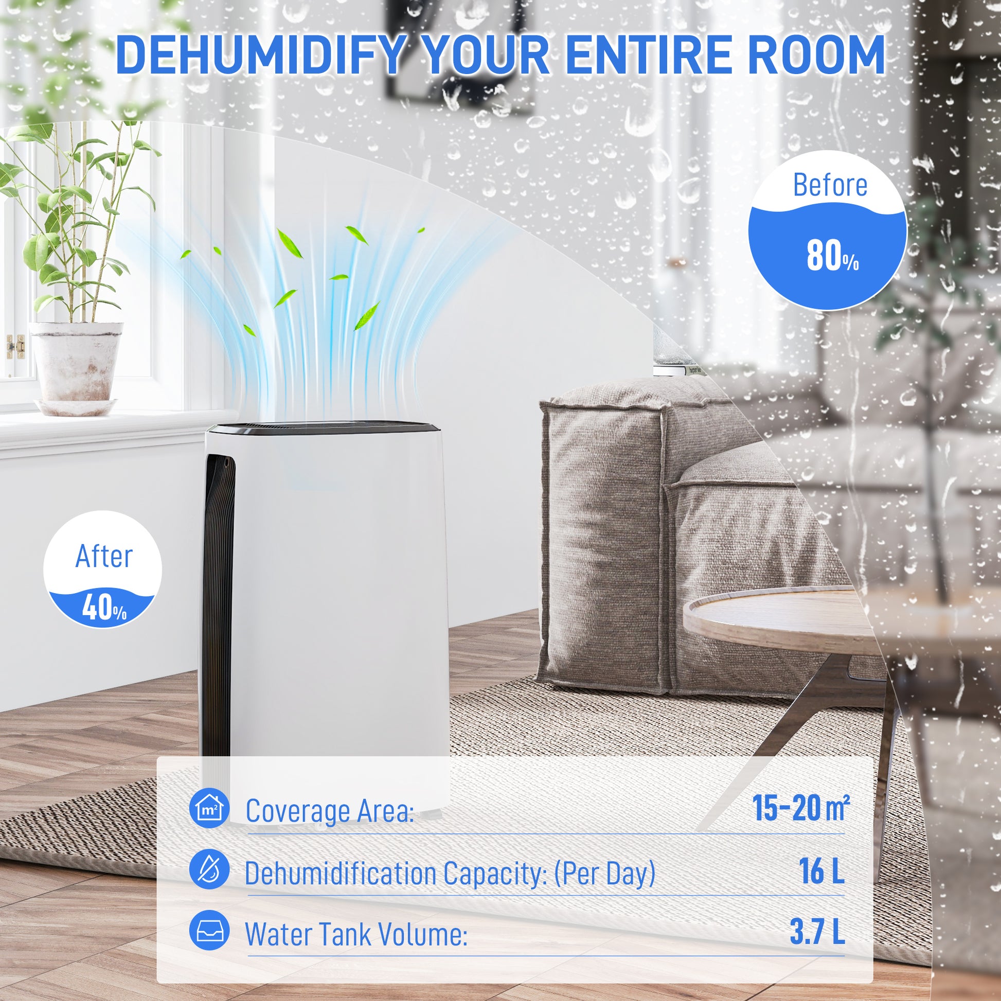 HOMCOM 16l/Day Dehumidifier, with Washable Filter and Timer in White