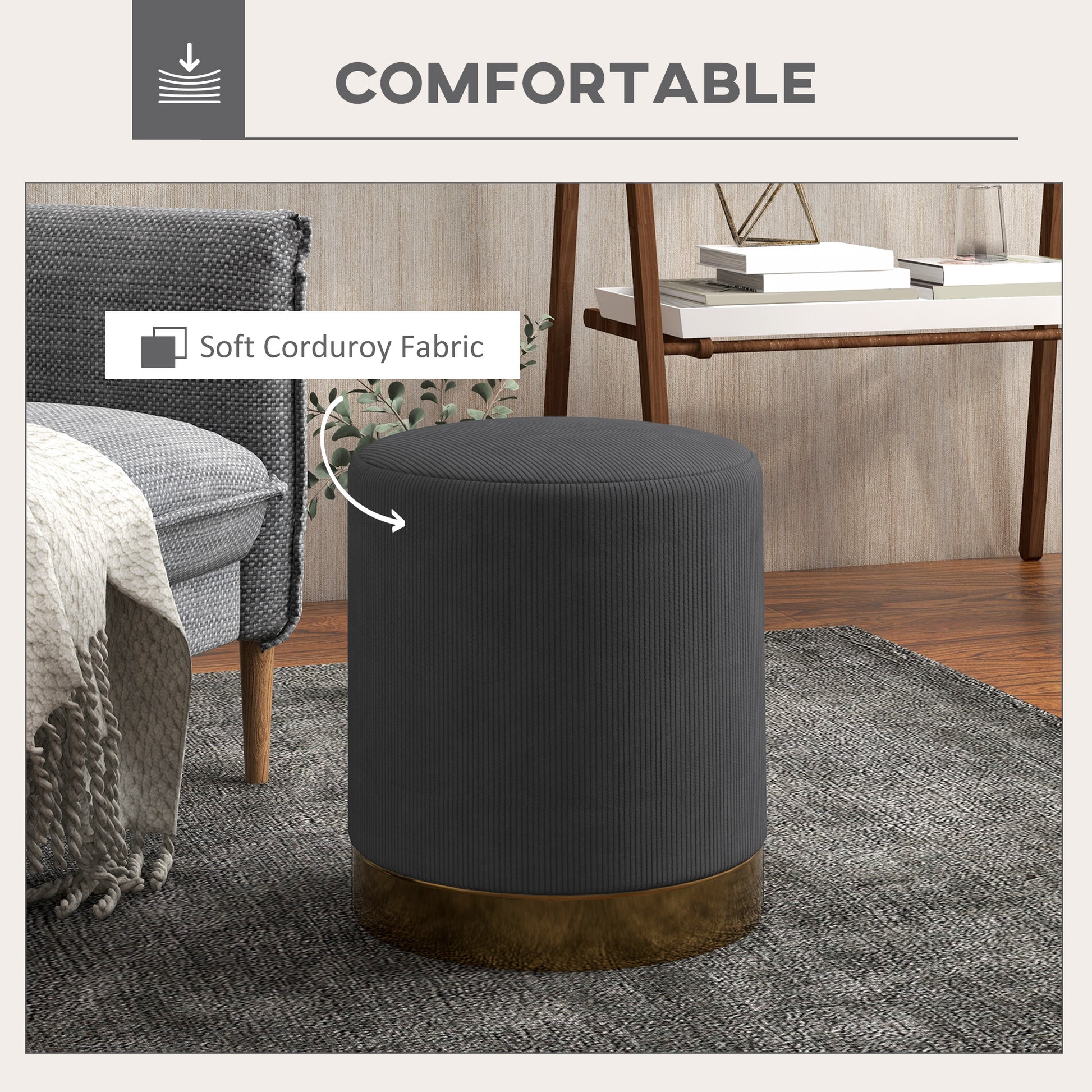 HOMCOM Soft Padded Corduroy Footstool in Charcoal Grey-2