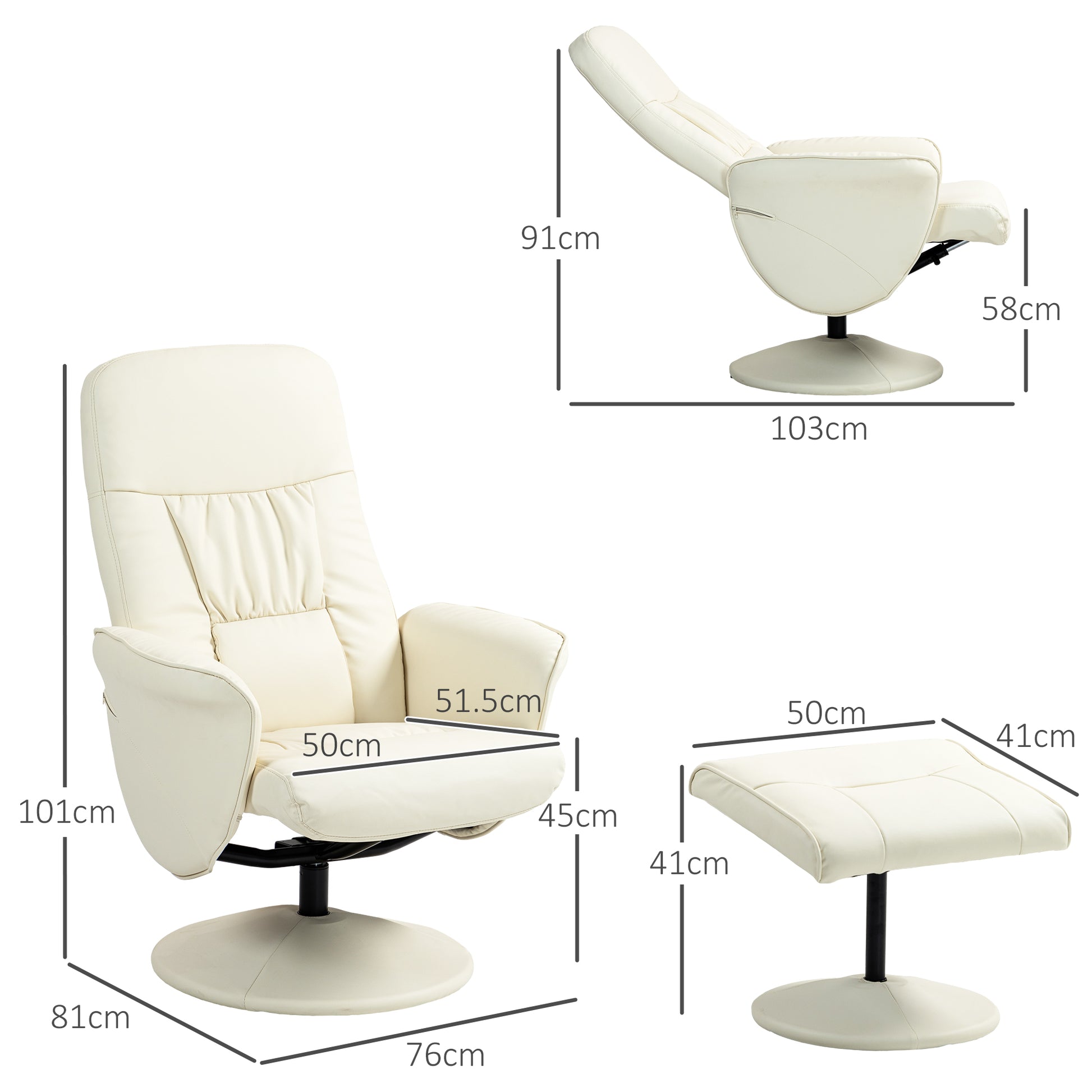 Swivel Recliner Chair with Footstool, PU Leather Armchair and Ottoman with High Back and Round Base for Living Room, Cream White | HOMCOM-1