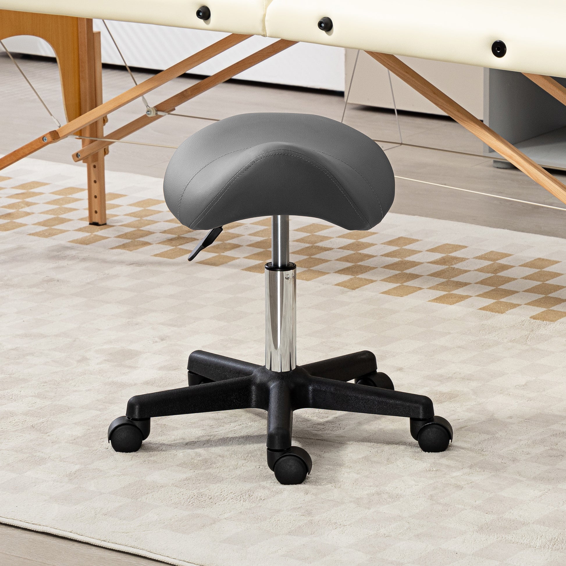 Saddle Stool, PU Leather Adjustable Rolling Salon Chair with Steel Frame for Massage, Spa, Beauty and Tattoo, Grey | HOMCOM-5