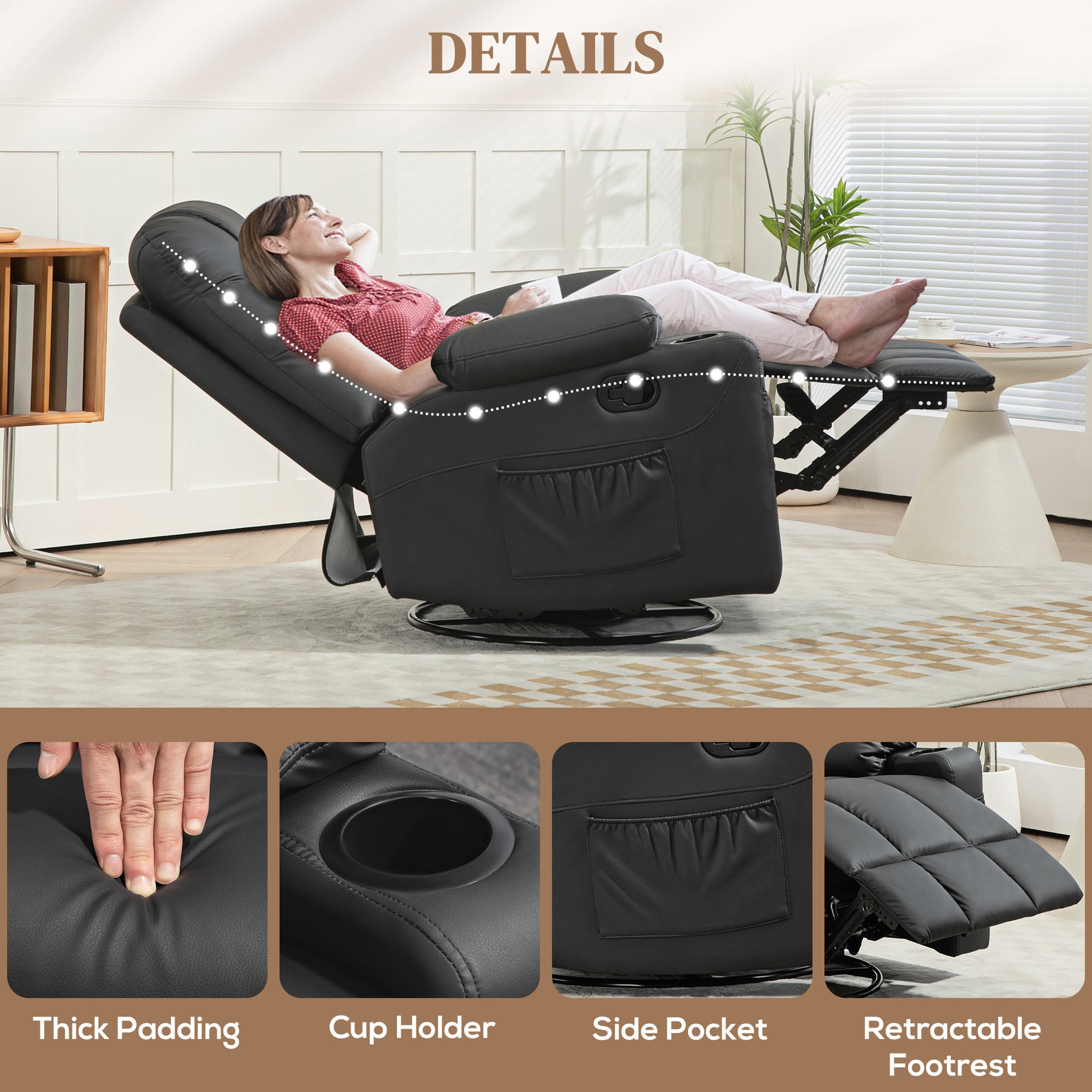 HOMCOM Manual Reclining Chair, Recliner Armchair with Swivel, Faux Leather, Footrest, Cup Holders, 86x93x102cm in Black-5