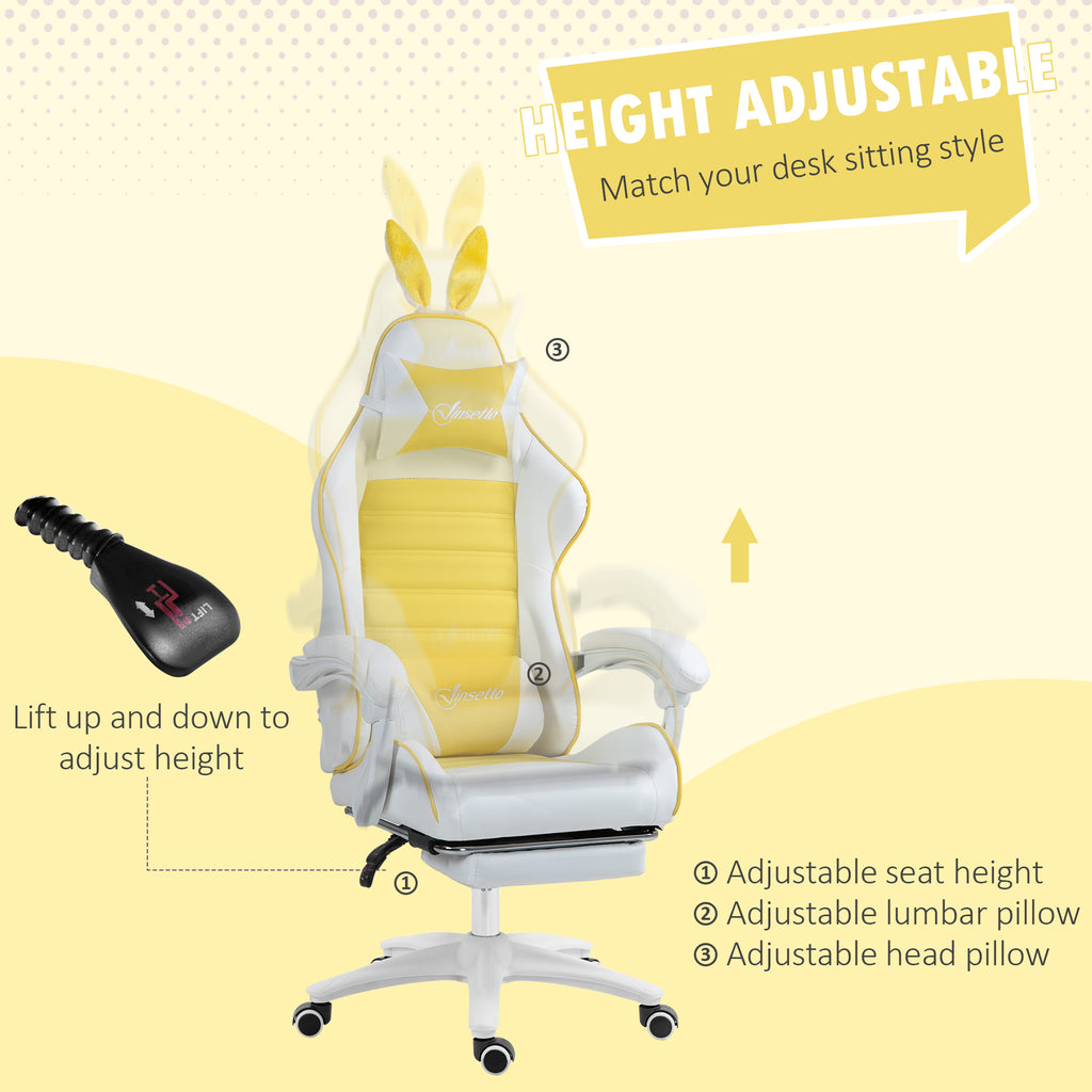 Racing Gaming Chair, Reclining PU Leather Computer Chair with Removable Rabbit Ears, Footrest, Headrest and Lumber Support, Yellow | Vinsetto-3