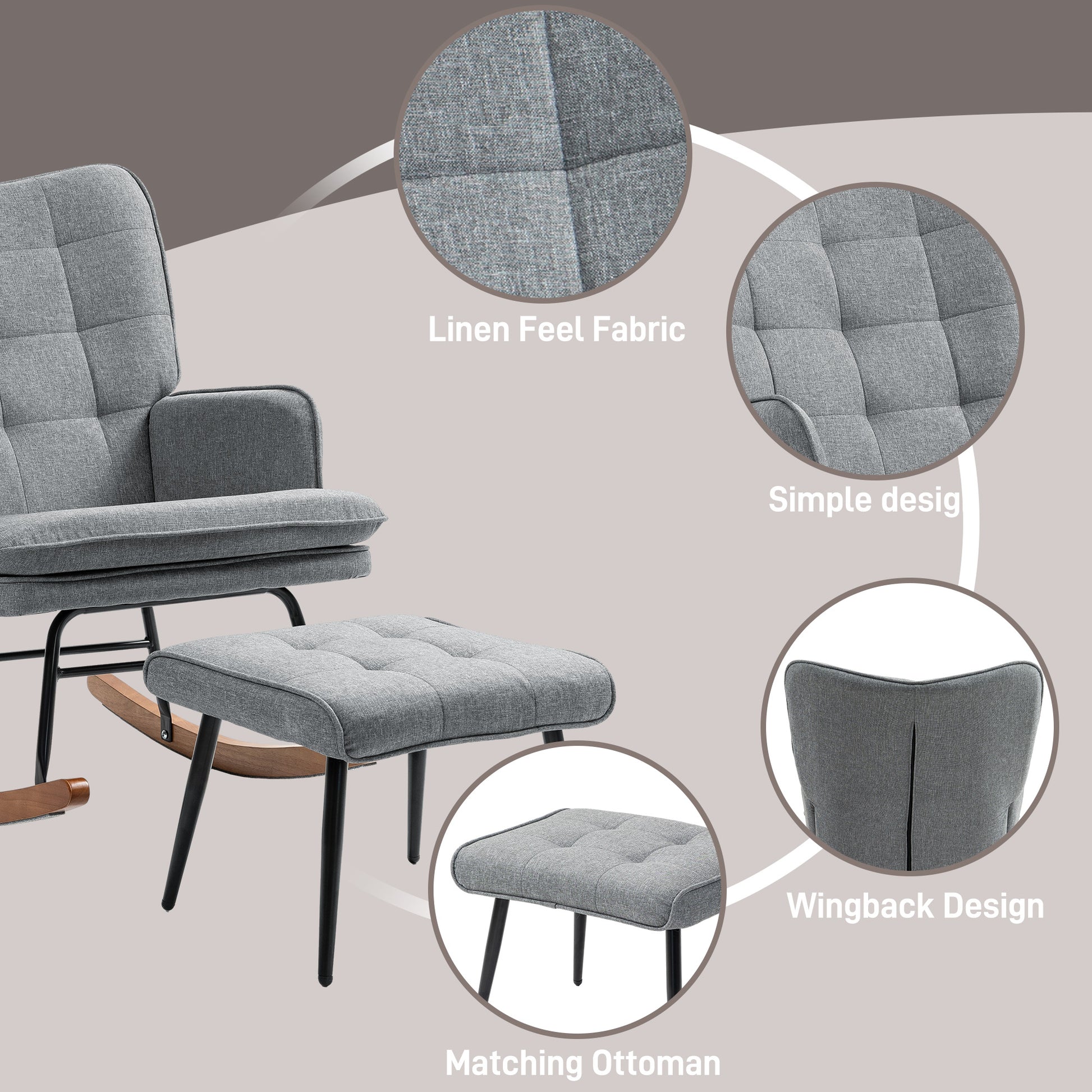 HOMCOM Linen-Look Rocking Chair and Ottoman Set in Grey-3
