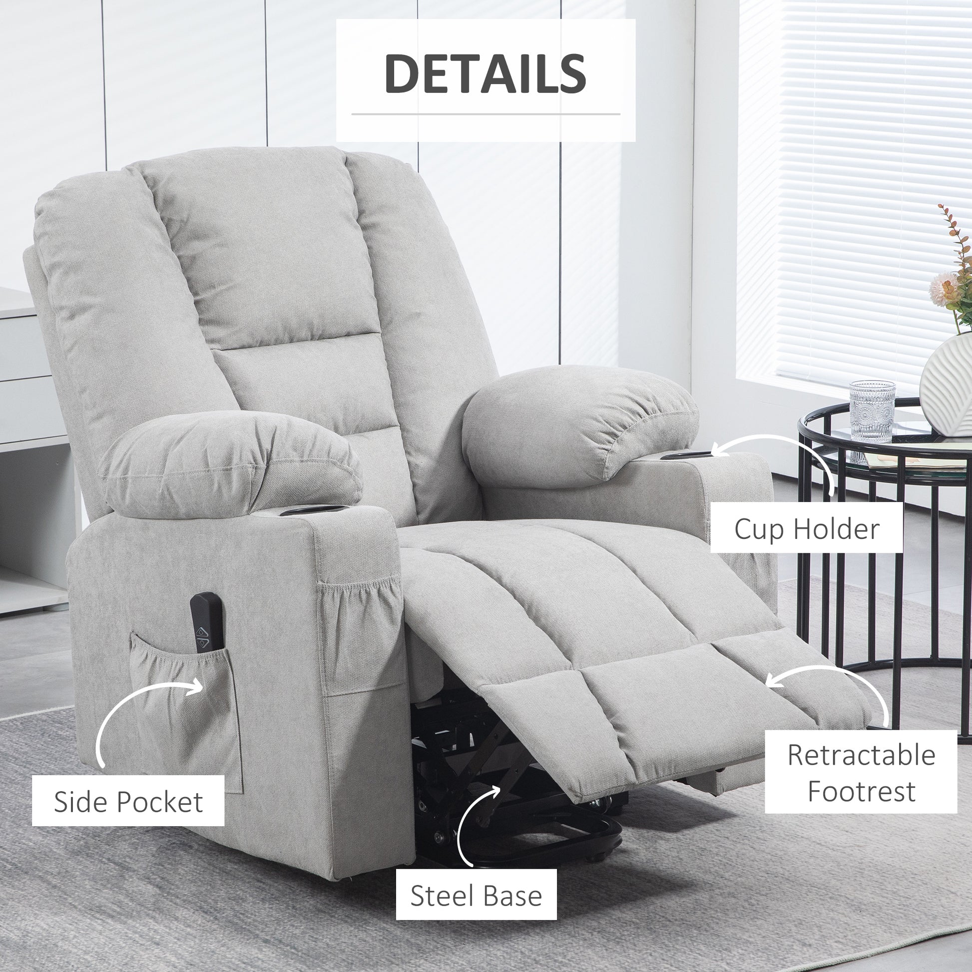 Oversized Riser and Recliner Chairs for the Elderly, Fabric Upholstered Lift Chair with Remote Control, Side Pockets and Cup Holder by HOMCOM-4