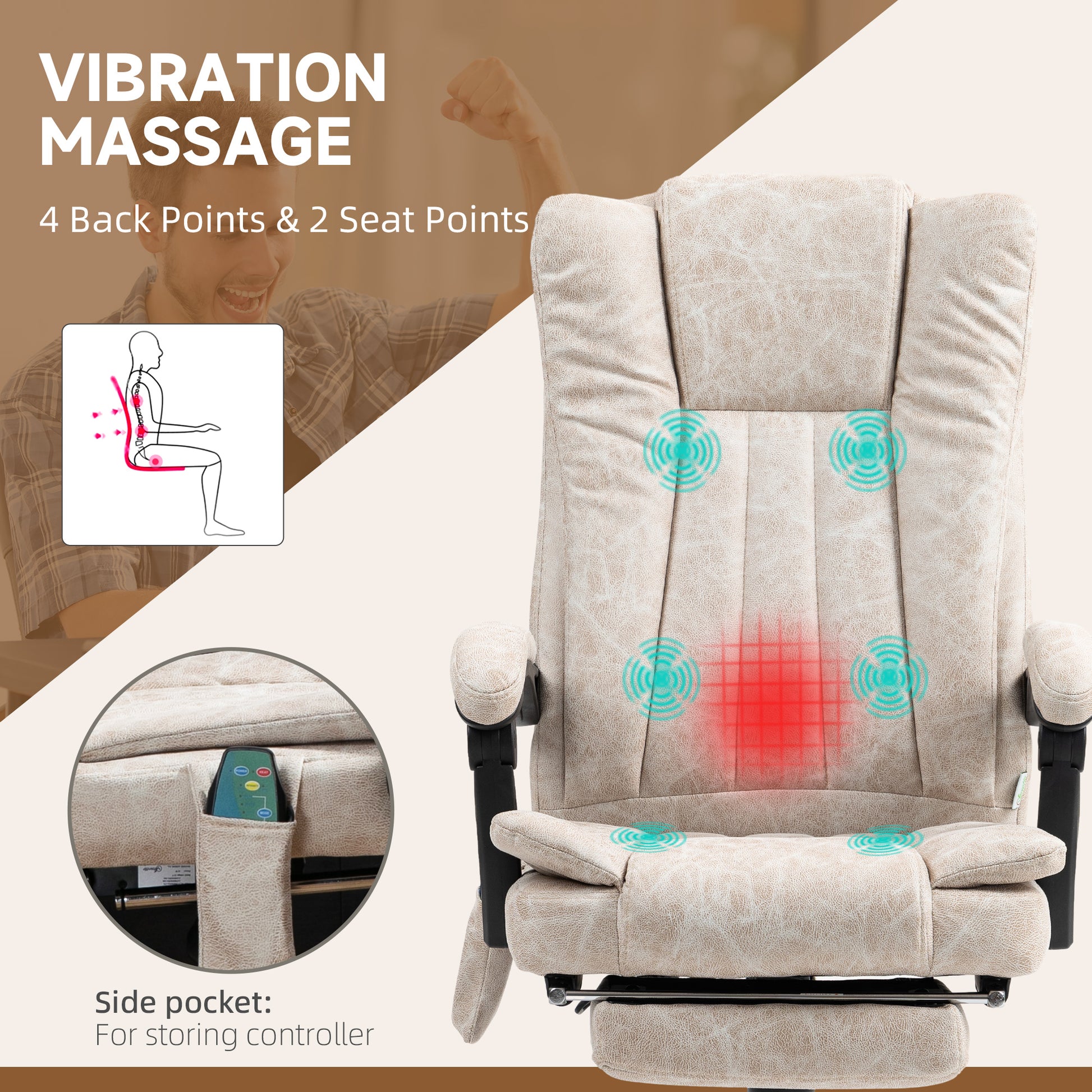 Vibrating Massage Office Chair with Heat, Executive Office Chair with Height Adjustable and Footrest, Cream White | Vinsetto-2
