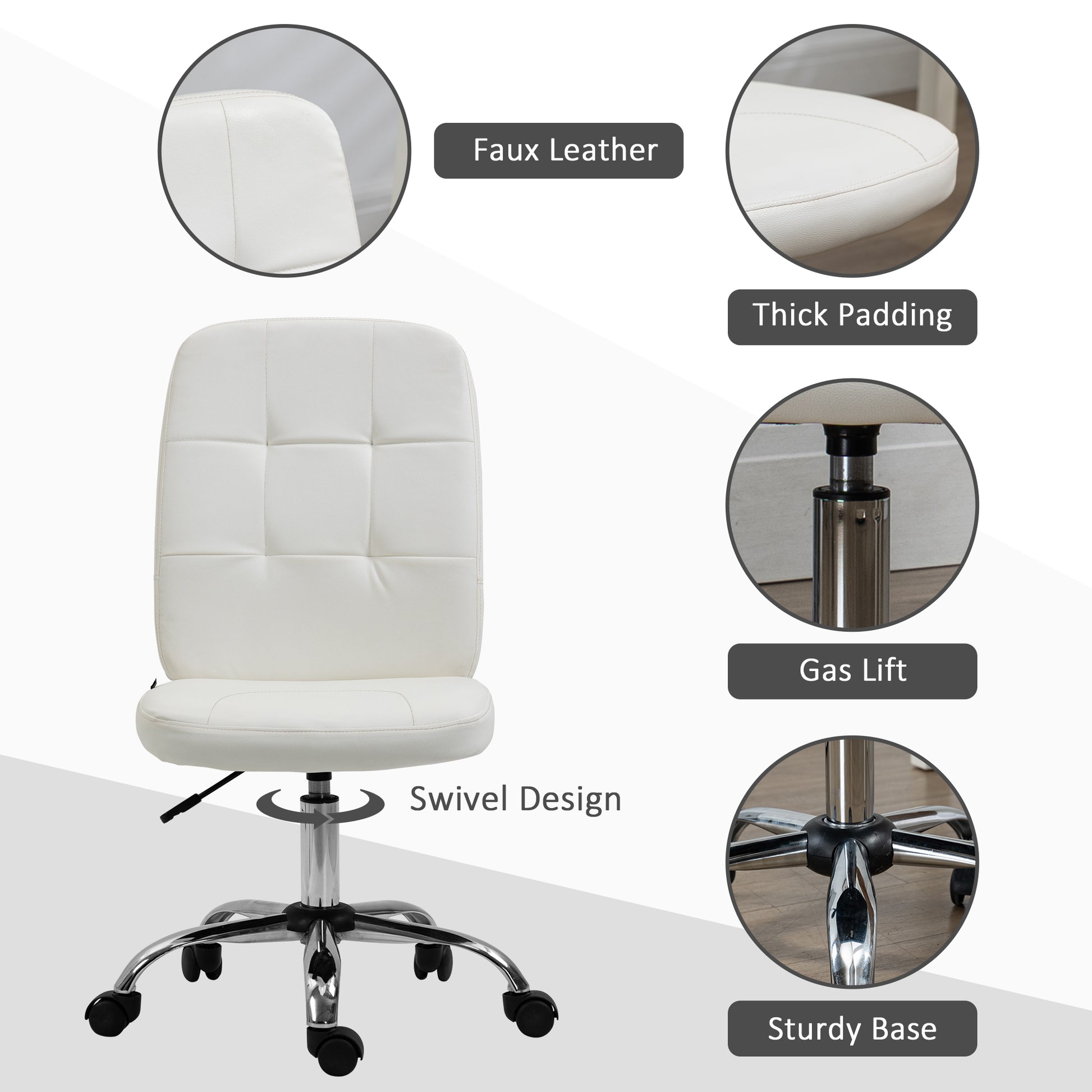 Computer Office Desk Chair, Faux Leather Desk Chair with Adjustable Height, Armless, White | Vinsetto-3