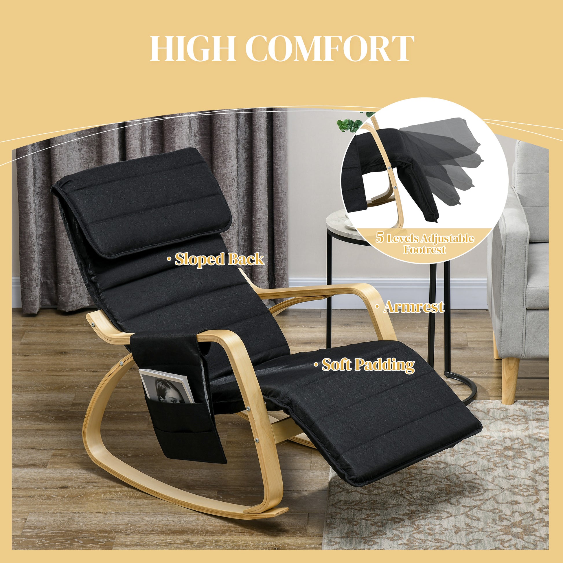 Rocking Lounge Chair Recliner Relaxation Lounging Relaxing Seat with Adjustable Footrest, Side Pocket and Pillow, Black by HOMCOM-3