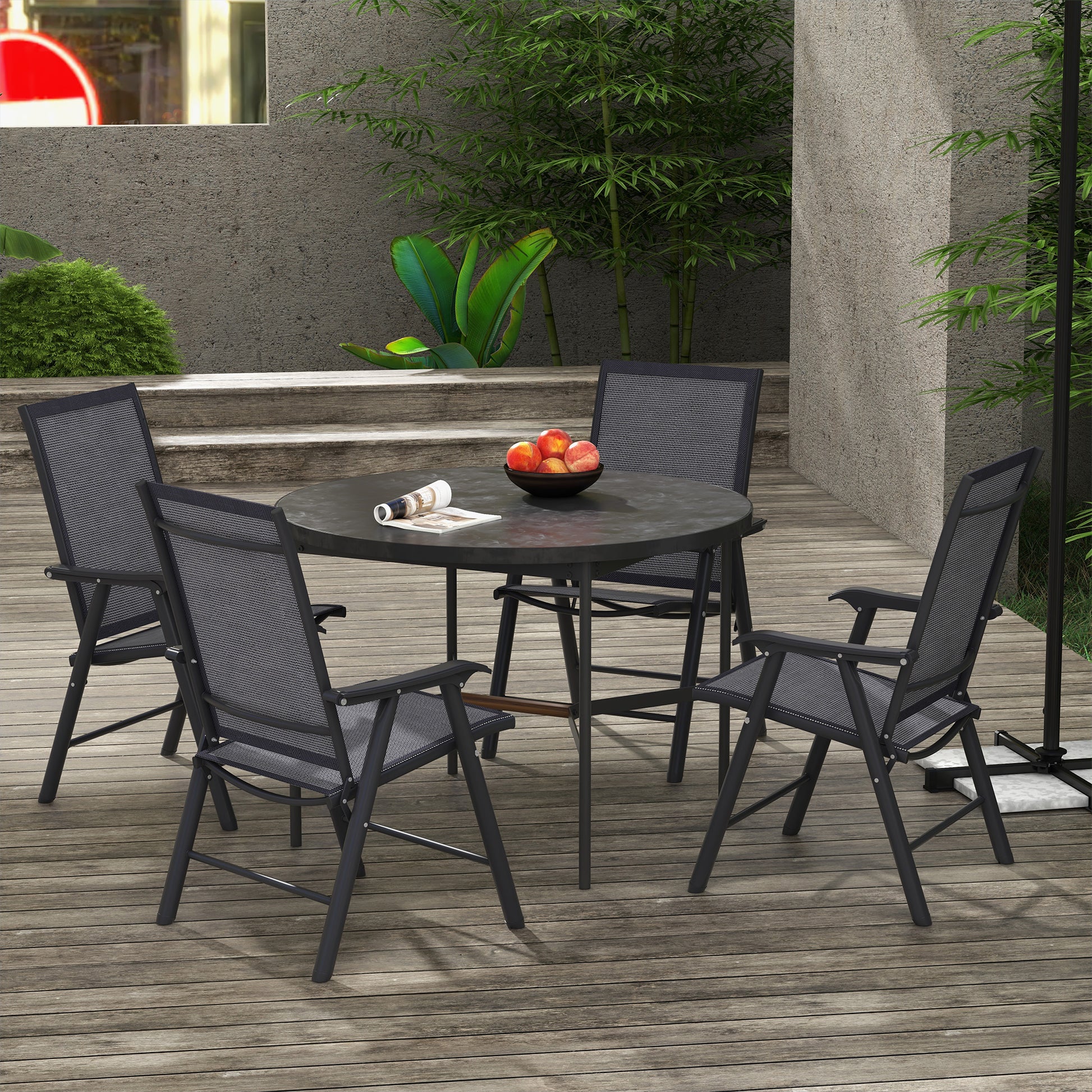 Set of 4 Folding Garden Chairs, Metal Frame Garden Chairs Outdoor Patio Park Dining Seat with Breathable Mesh Seat, Dark Grey by Outsunny-8