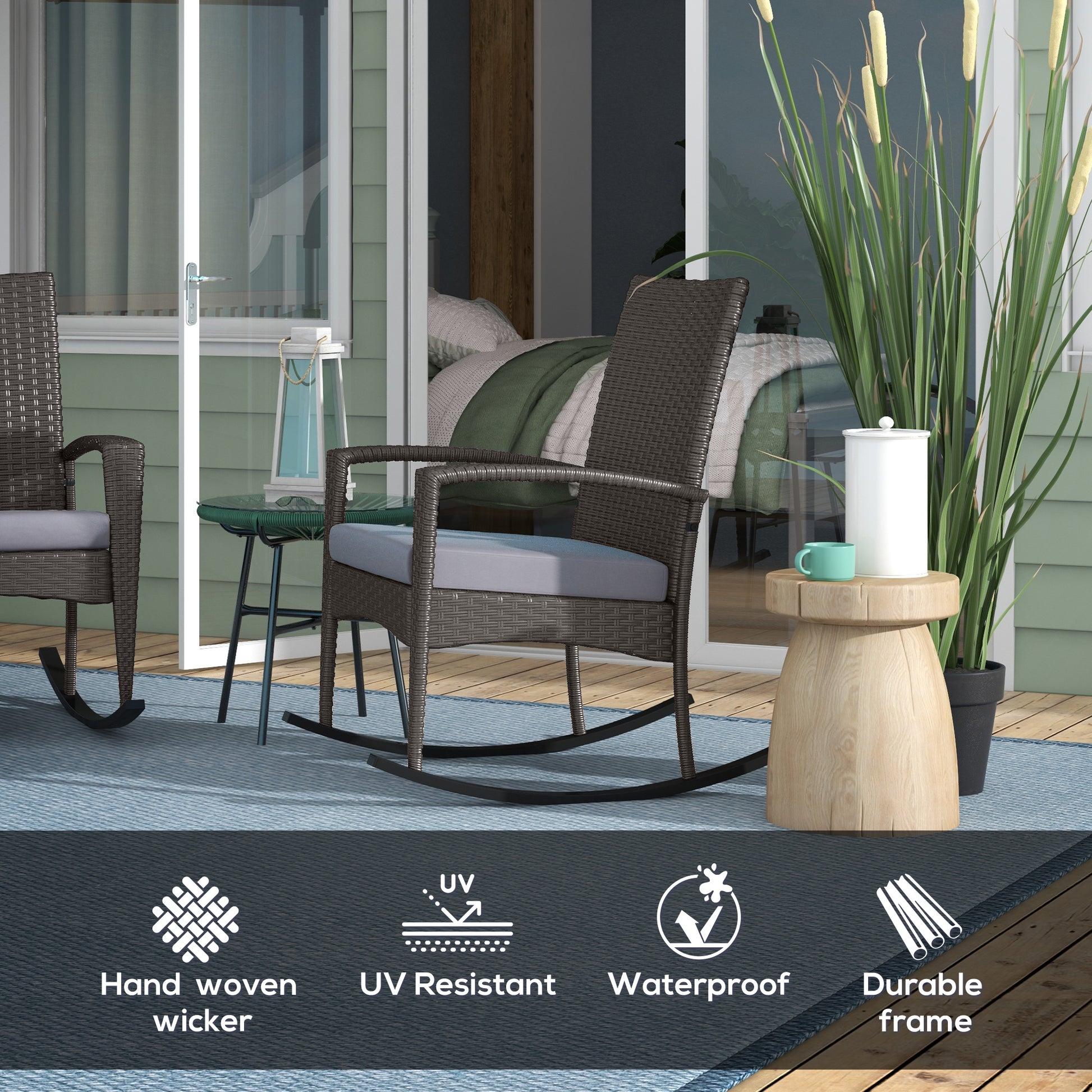 Outdoor PE Rattan Rocking Chair Set of 2, Garden Rocking Chair Set with Armrest and Cushion, Grey | Outsunny-2