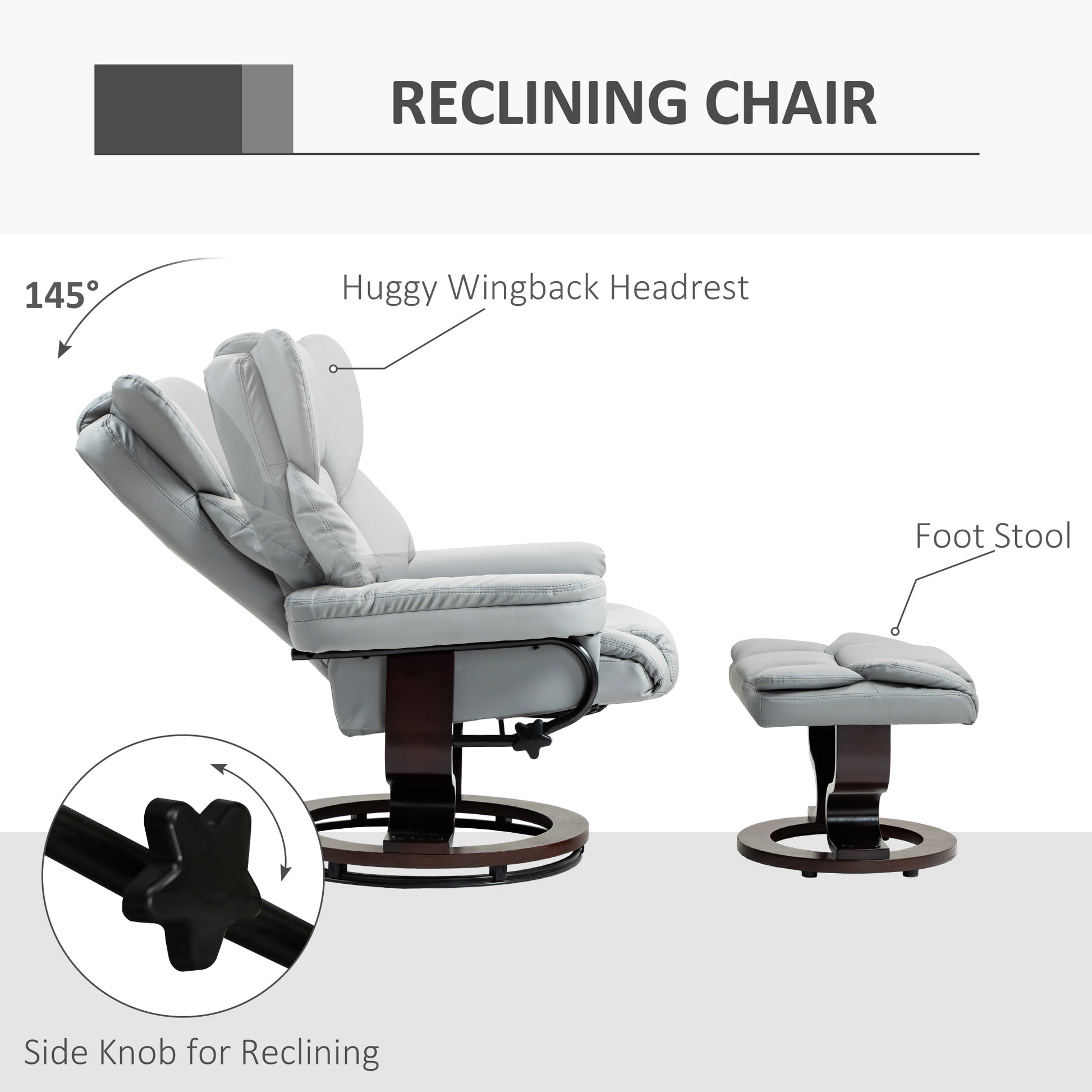 Faux Leather Recliner Chair and Footstool, Swivel Upholstered Armchair with Adjustable Backrest, Wood Base in Light Grey by HOMCOM-2