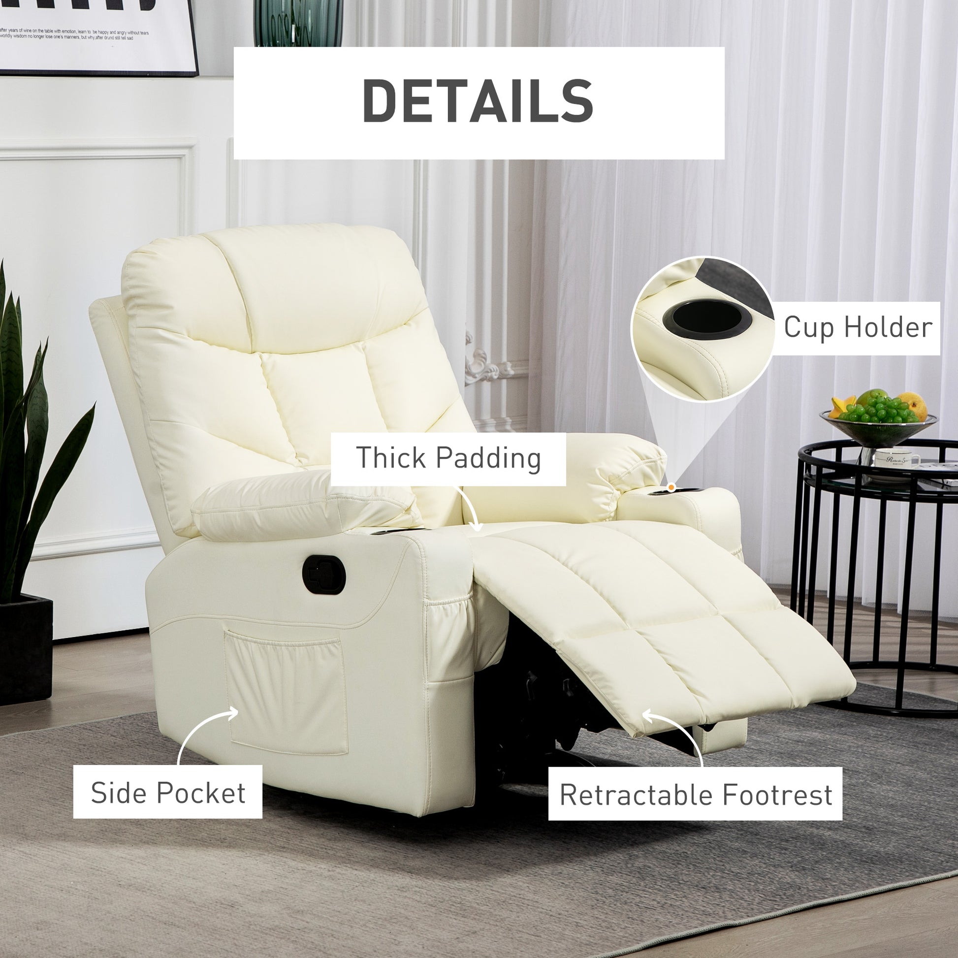 Manual Reclining Chair, Recliner Armchair with Swivel, Faux Leather, Footrest, Cup Holders, 86x93x102cm, Cream | HOMCOM-4