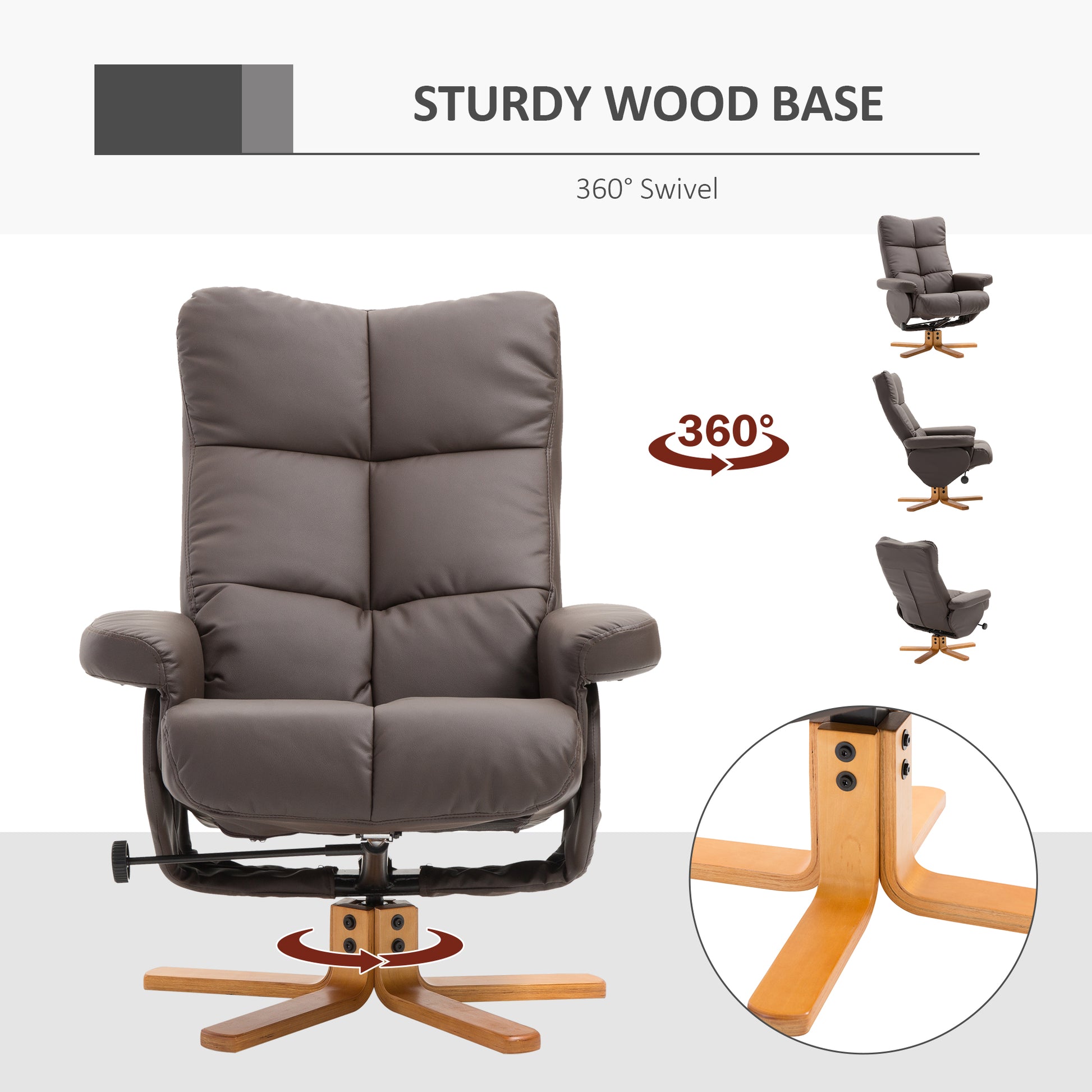 Faux Leather Swivel Recliner Chair with Footstool, Armchair with Wooden Base and Storage for Living Room in Brown | HOMCOM-5