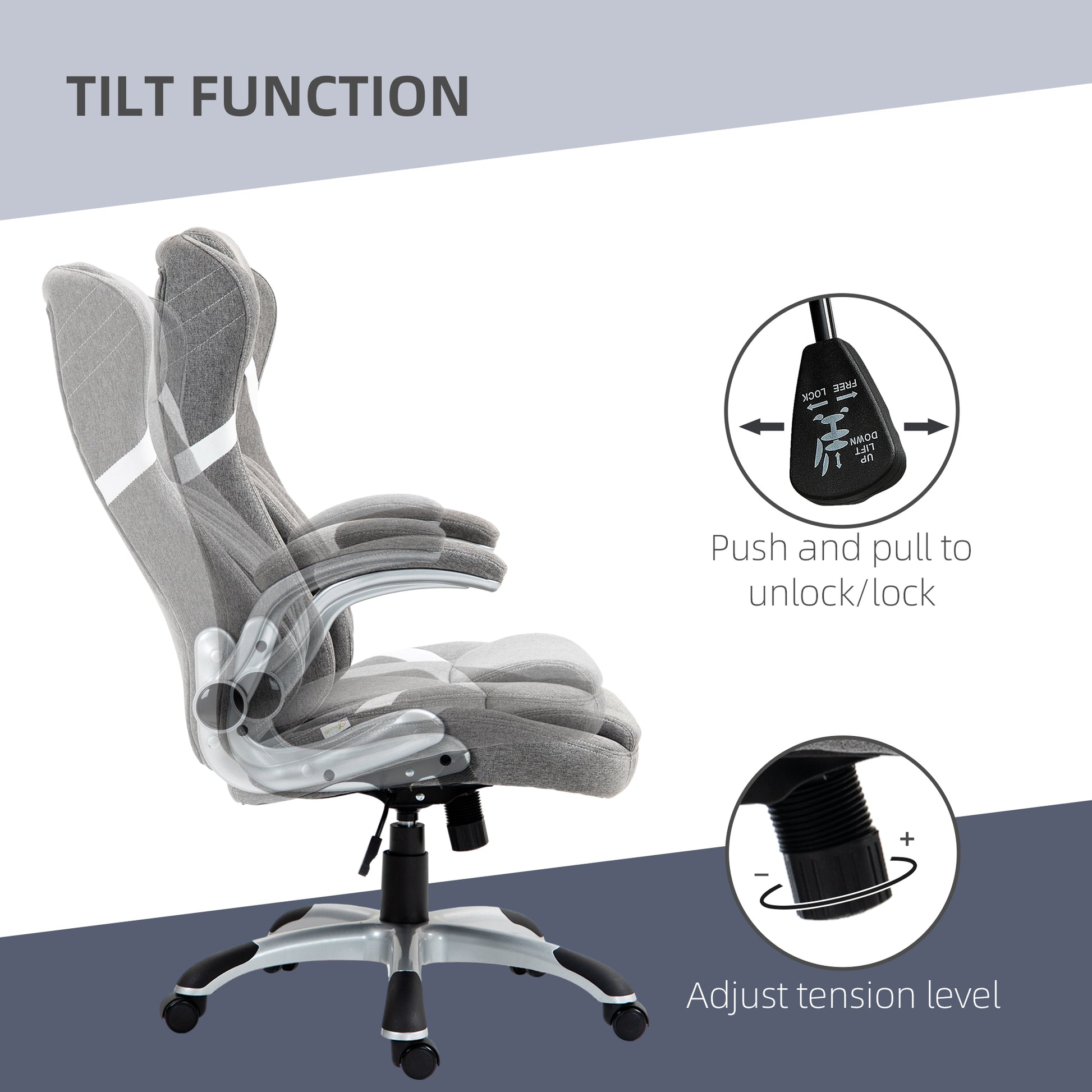 Vinsetto Ergonomic Desk Chair with Adjustable Height and Tension, Armrests, Linen-Look Home Office Chair in Grey-3