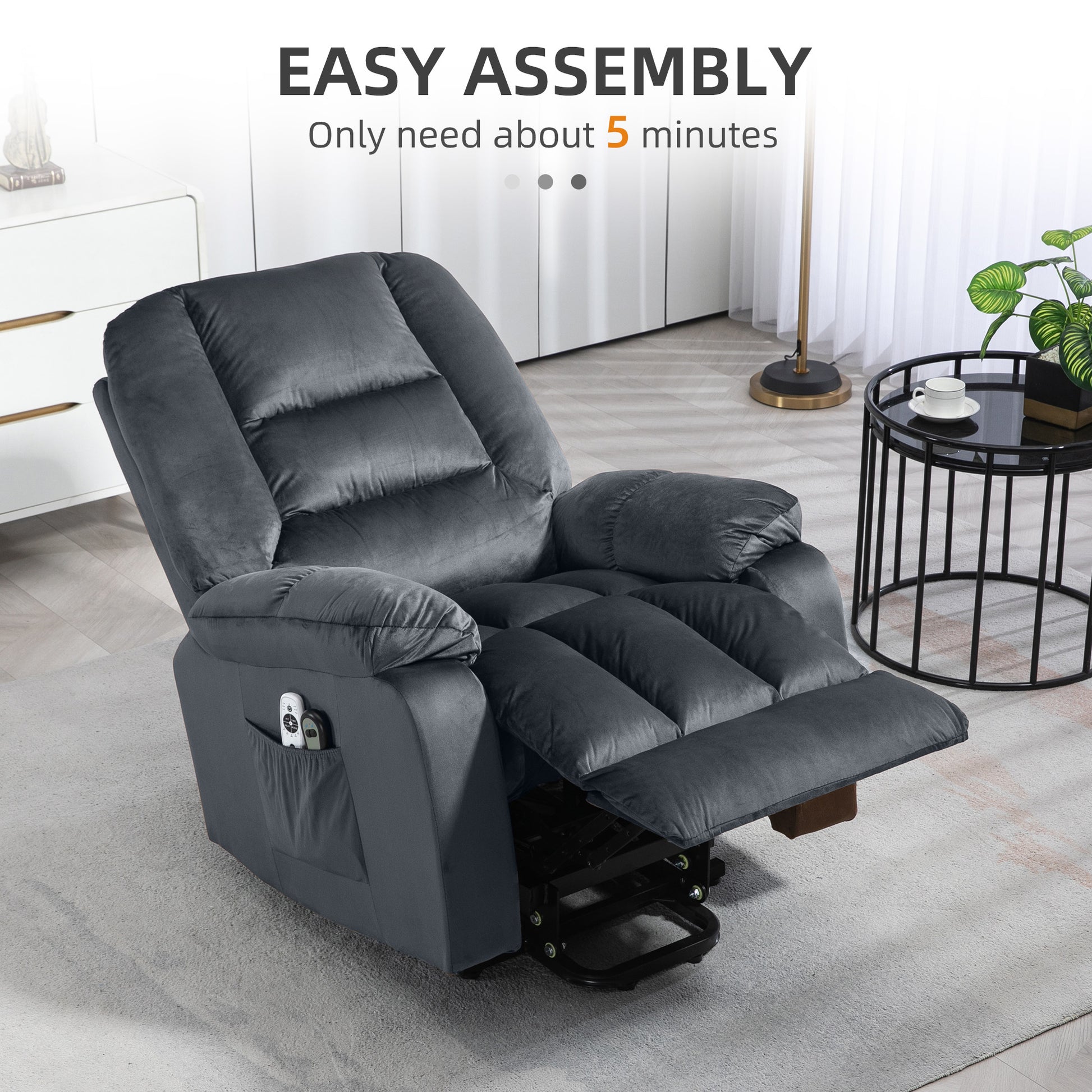 Lift Chair, Quick Assembly, Electric Riser and Recliner Chair with Vibration Massage, Heat, Side Pockets, Grey | HOMCOM-6