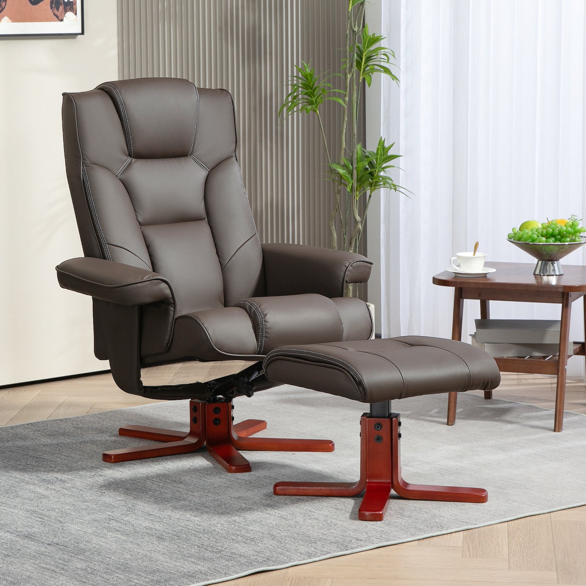 HOMCOM Faux Leather Manual Recliner and Footstool Set in Brown-8