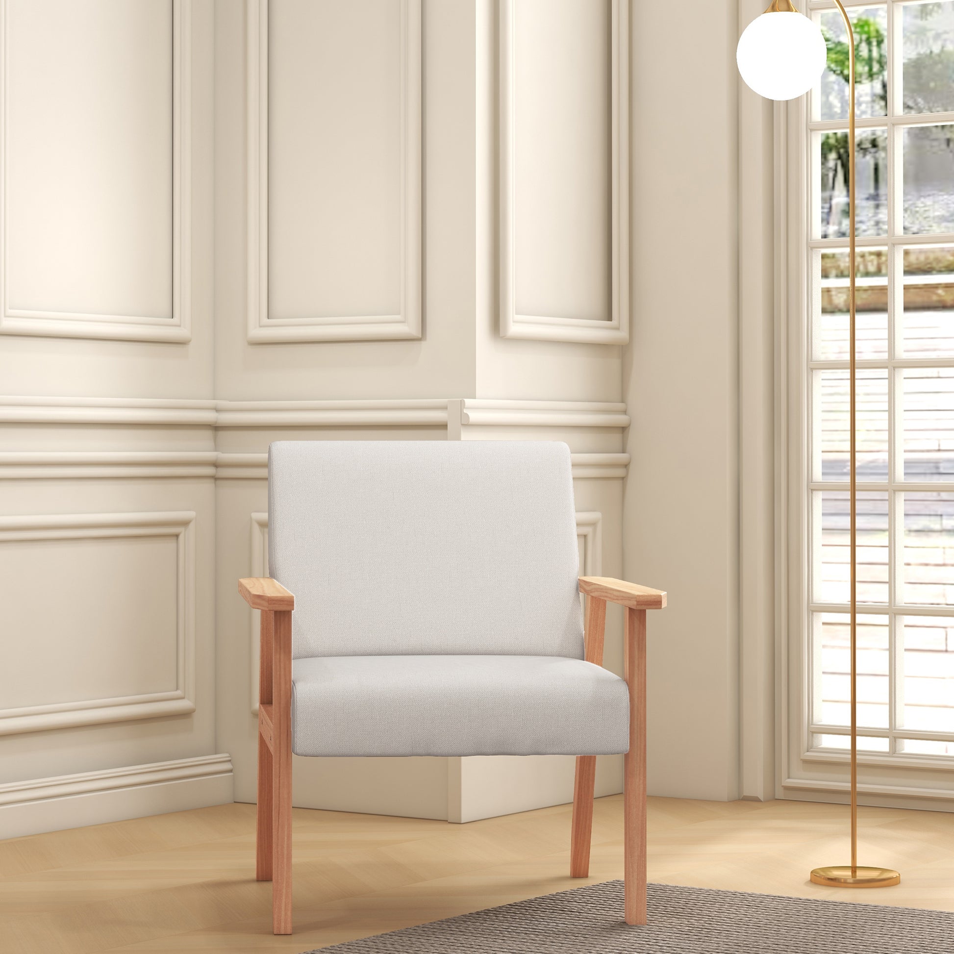 Accent Occasional Chair with Wood Frame, Thick Linen Cushions Wide Seat Armchair Home Furniture Bedroom Office, Cream White by HOMCOM-6