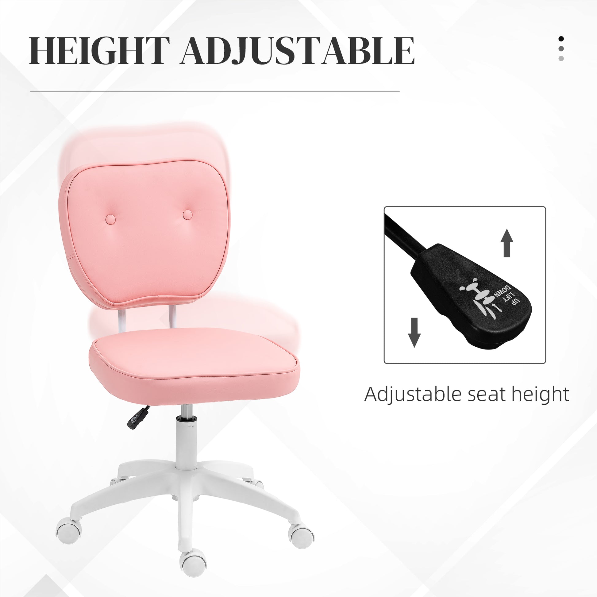 Vanity Office Chair, PU Leather Computer Chair for Home, with Adjustable Height, Armless, Swivel Wheels, Pink by Vinsetto-2