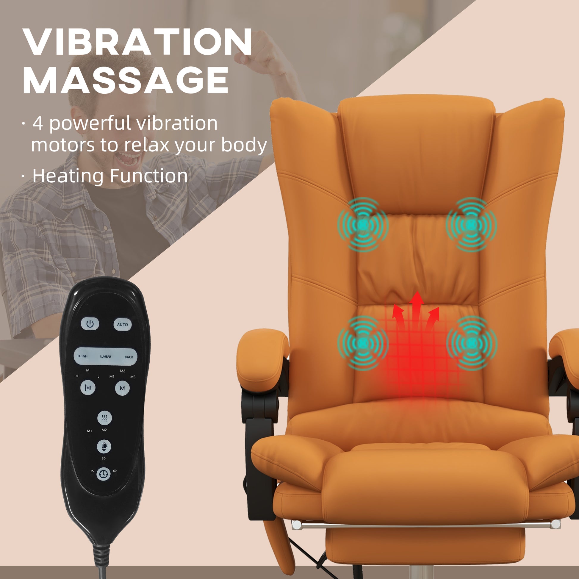 Light Brown Vibration Massage Office Chair with Heat, PU Leather Computer Chair with Footrest, Armrest, Reclining Back by Vinsetto-2