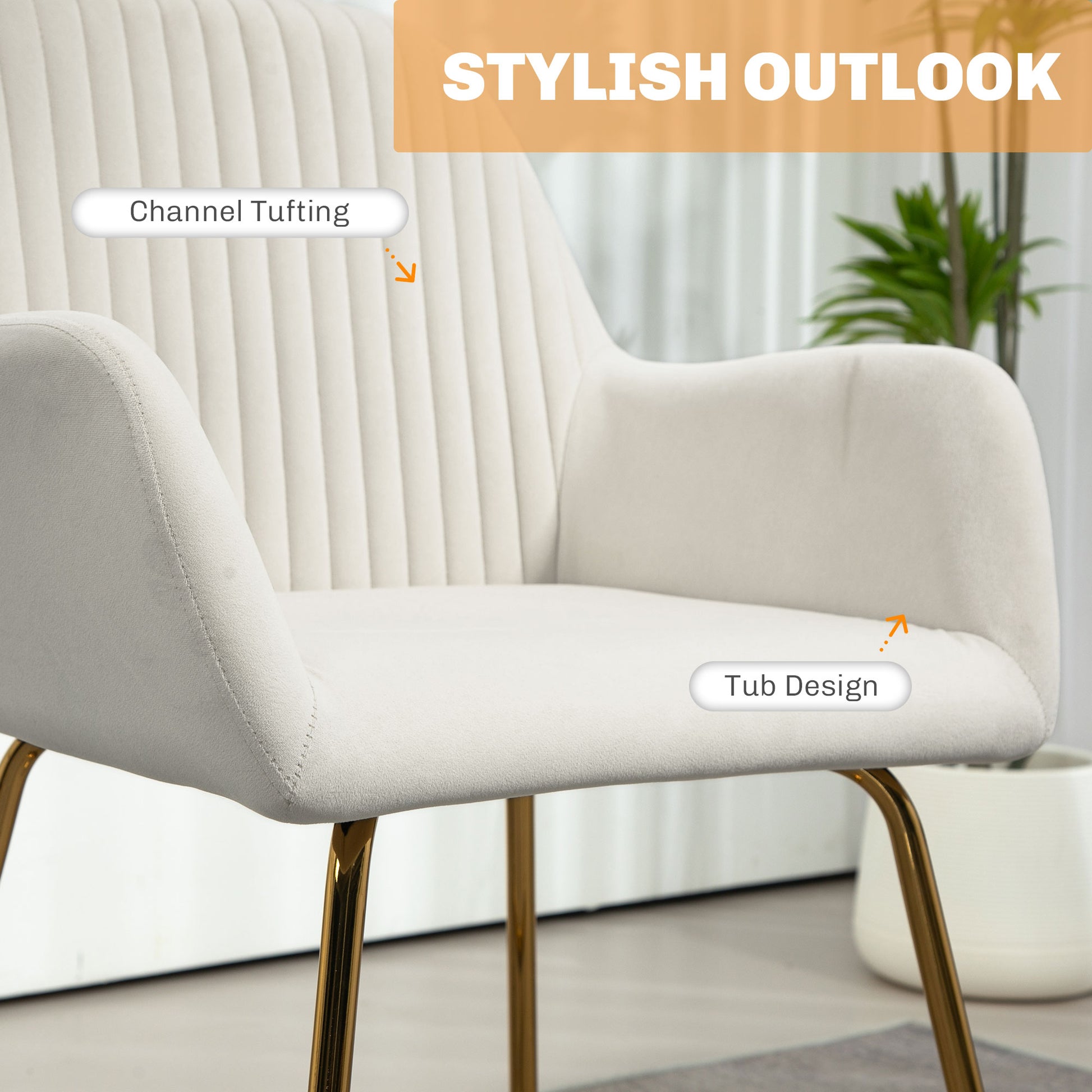 HOMCOM Modern Arm Chair Upholstered Accent Chair with Metal Base for Living Room Cream in White-2