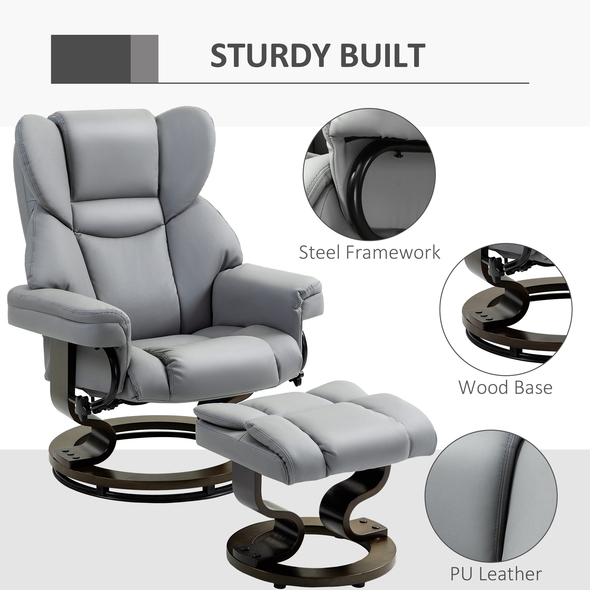 Faux Leather Recliner Chair and Footstool, Swivel Upholstered Armchair with Adjustable Backrest, Wood Base in Light Grey by HOMCOM-3