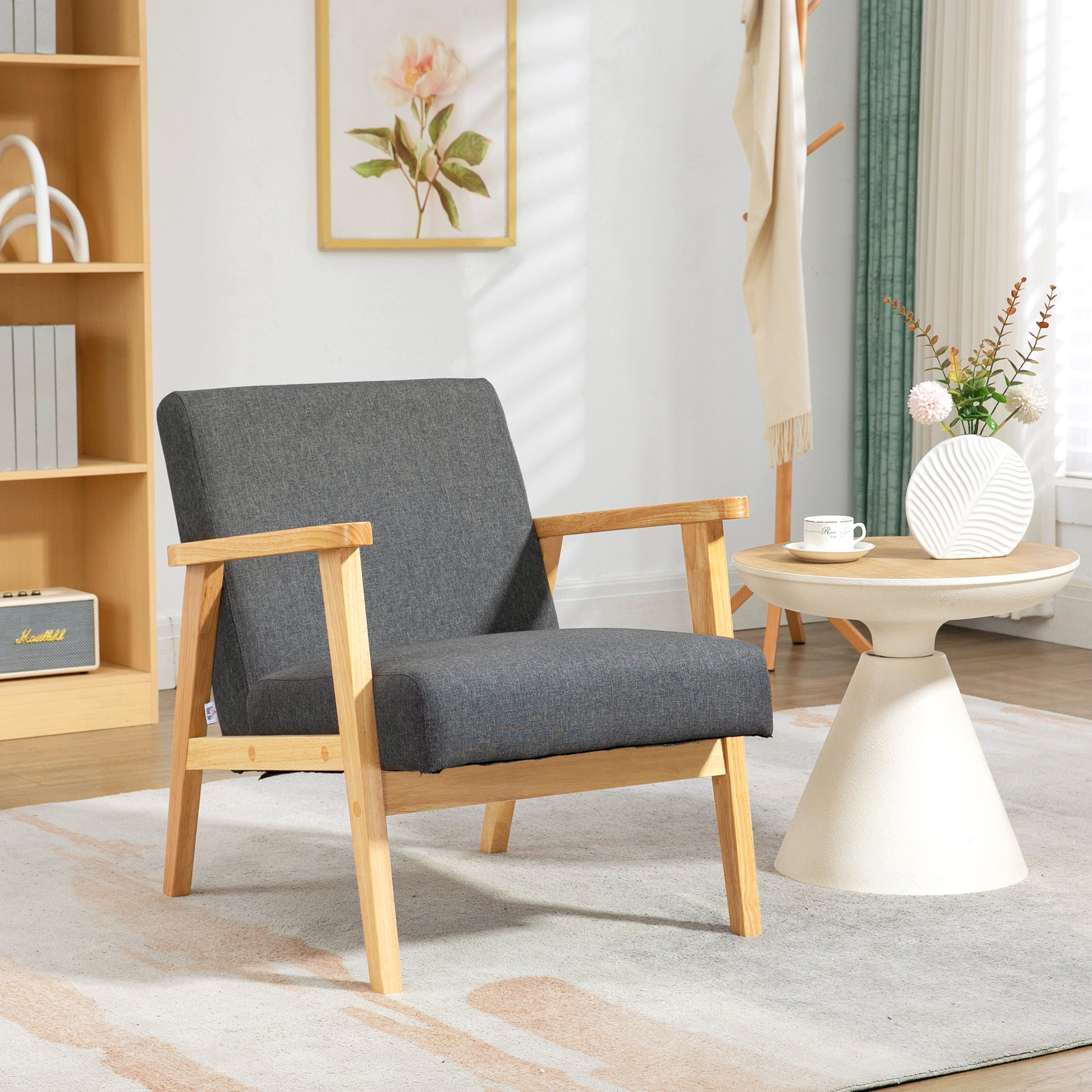 Fabric Accent Chair for Living Room, Armchair with Rubber Wood Frame and Padded Cushion in Dark Grey | HOMCOM-8