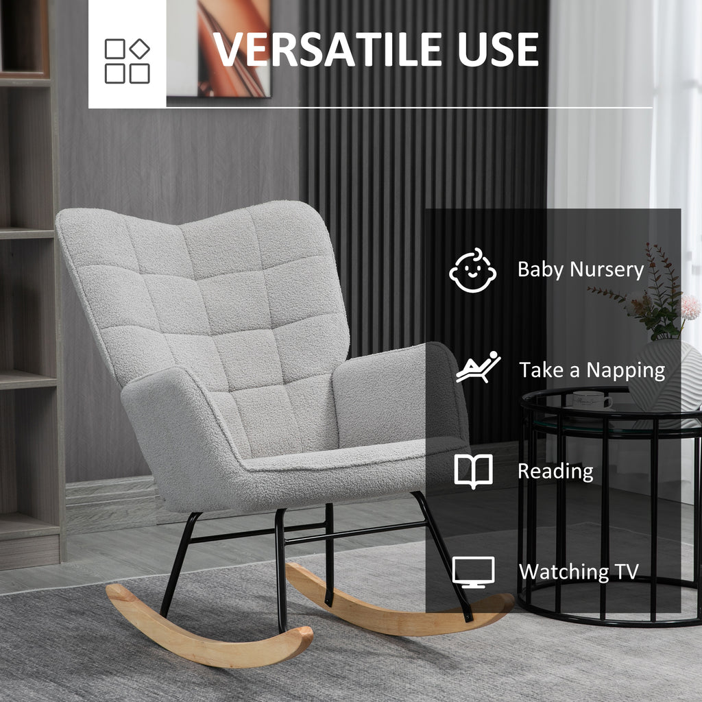 HOMCOM Berber Fleece Nursery Glider Rocker for Nursing, Wingback Rocking Chair for Living Room in Light Grey-4