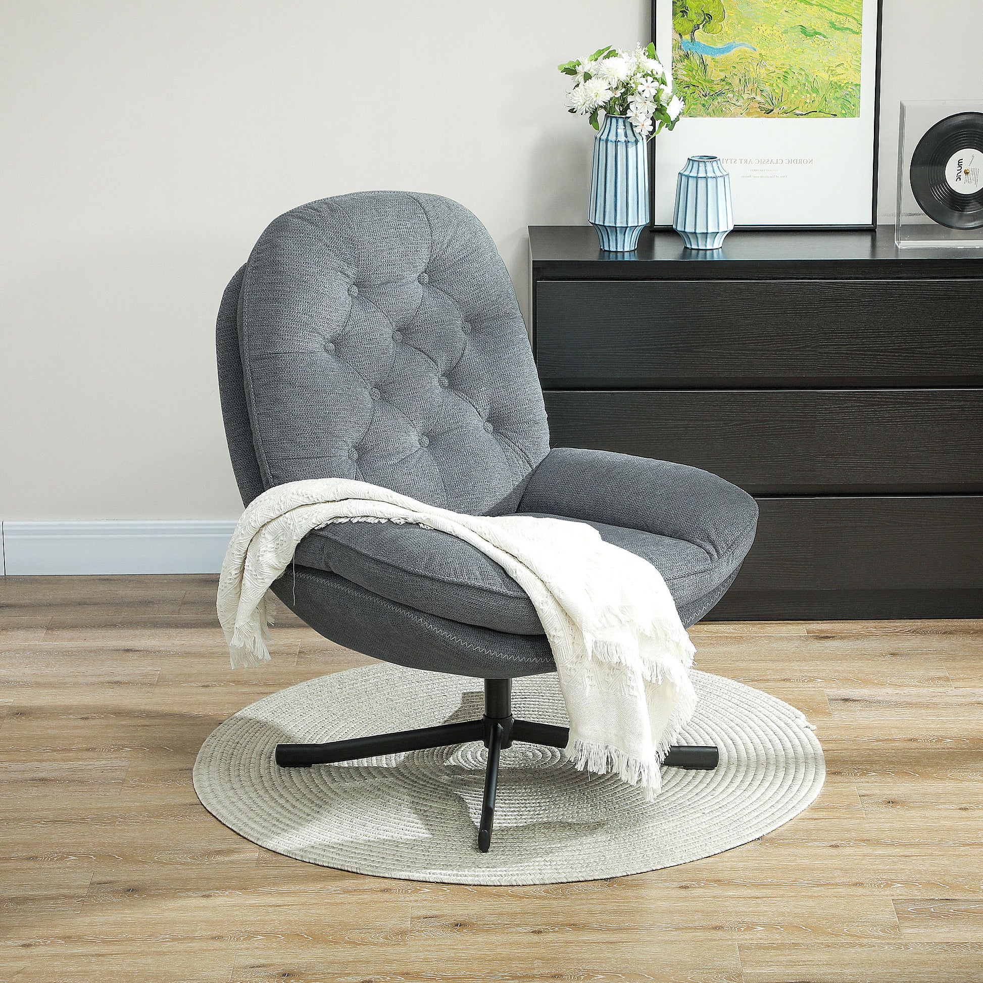 HOMCOM Armchair with 360 Degree Swivel and Wide Padded Seat, Upholstered Accent Chair with Water-Repellent Chenille Fabric Occasional Chair for Living Room Bedroom Home Office Reception Balcony in Grey-8