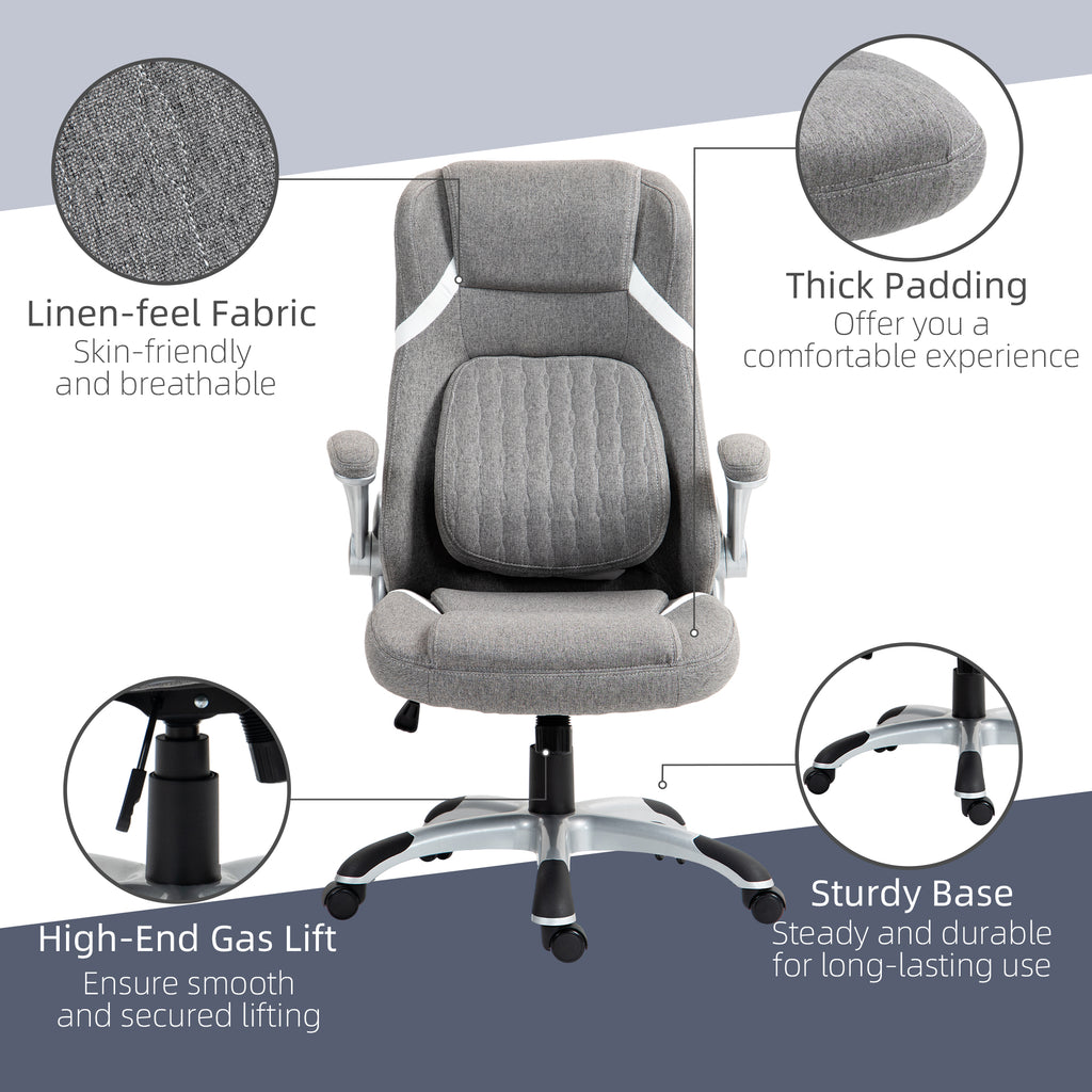 Vinsetto Ergonomic Desk Chair with Adjustable Height and Tension, Armrests, Linen-Look Home Office Chair in Grey-7