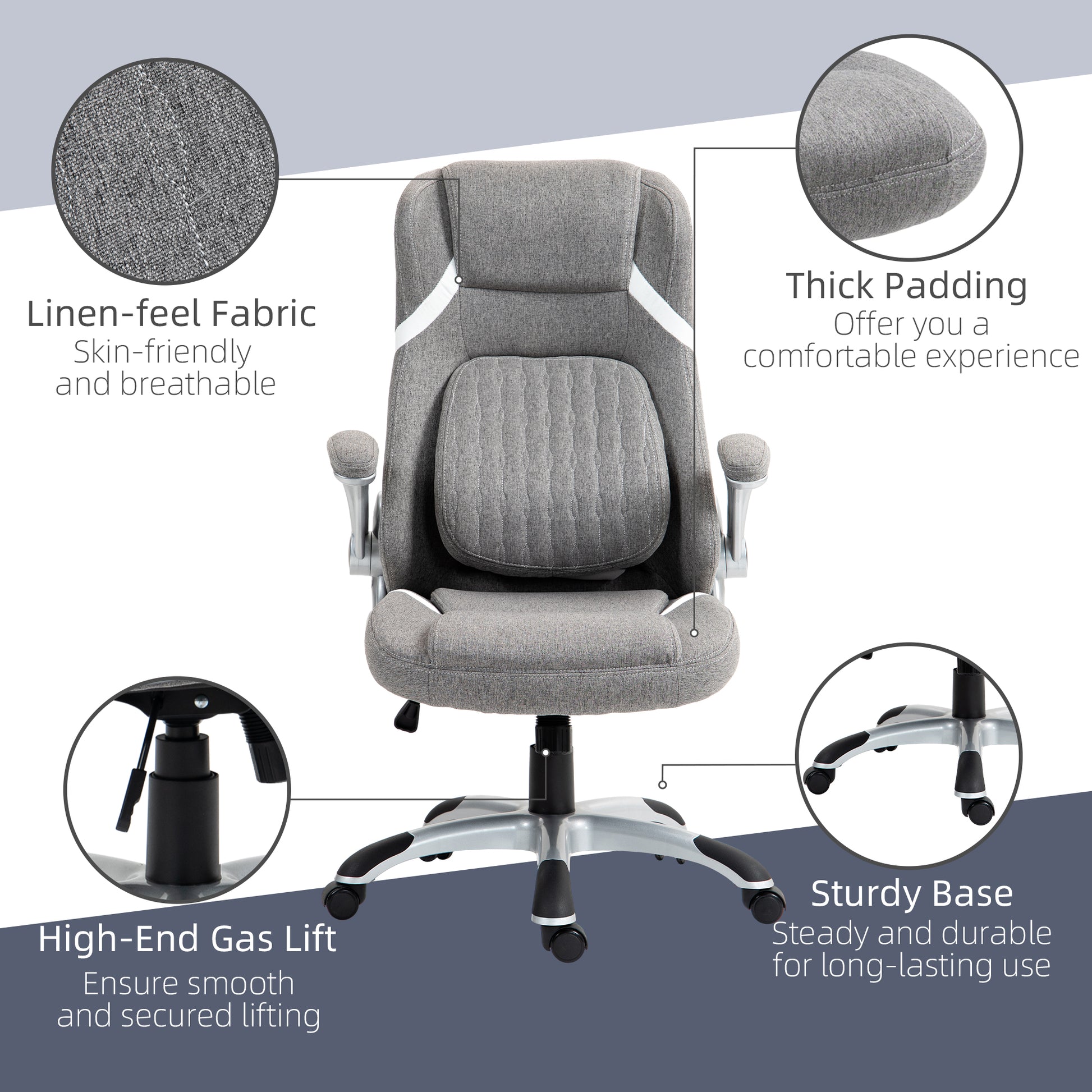 Vinsetto Ergonomic Desk Chair with Adjustable Height and Tension, Armrests, Linen-Look Home Office Chair in Grey-7