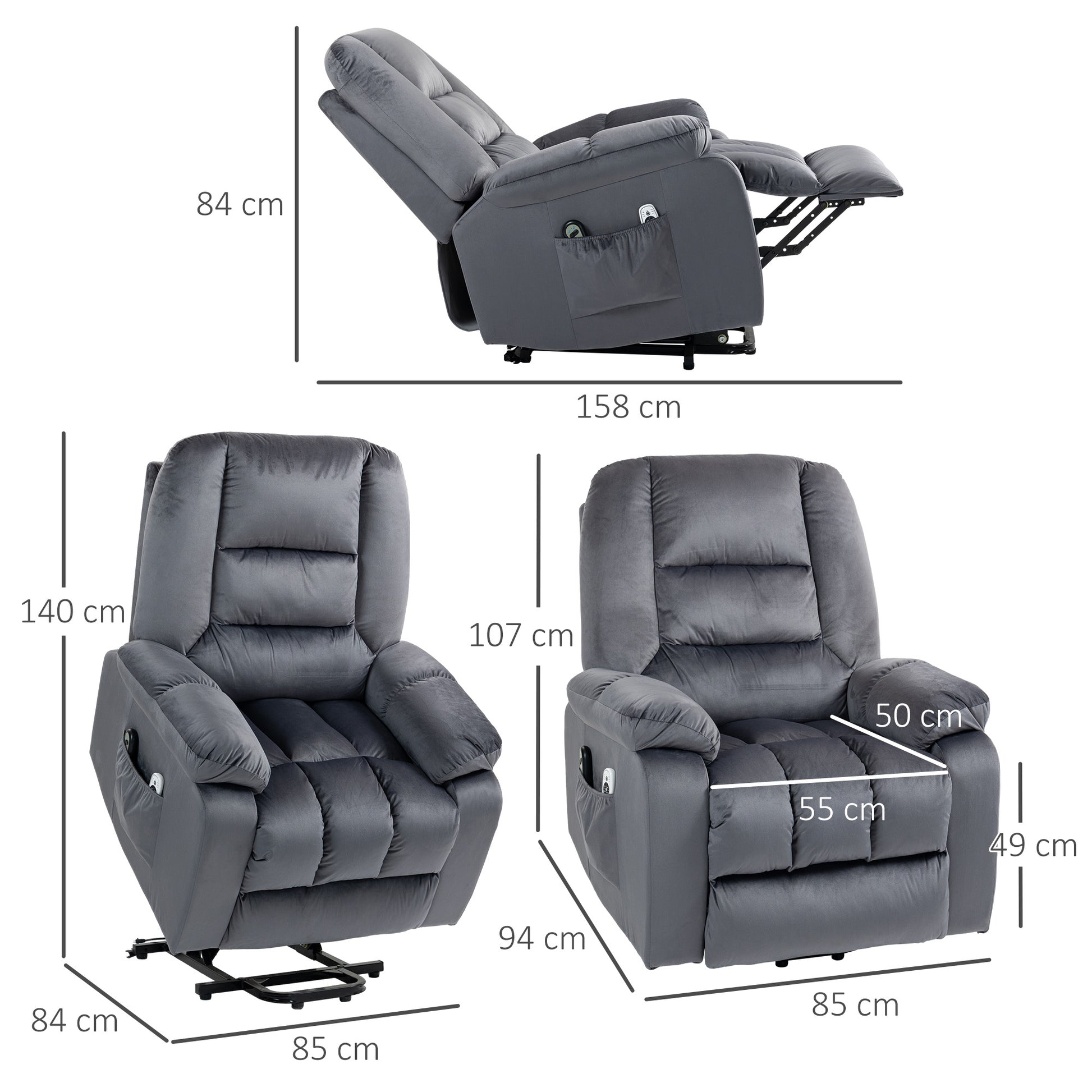 Lift Chair, Quick Assembly, Electric Riser and Recliner Chair with Vibration Massage, Heat, Side Pockets, Grey | HOMCOM-1