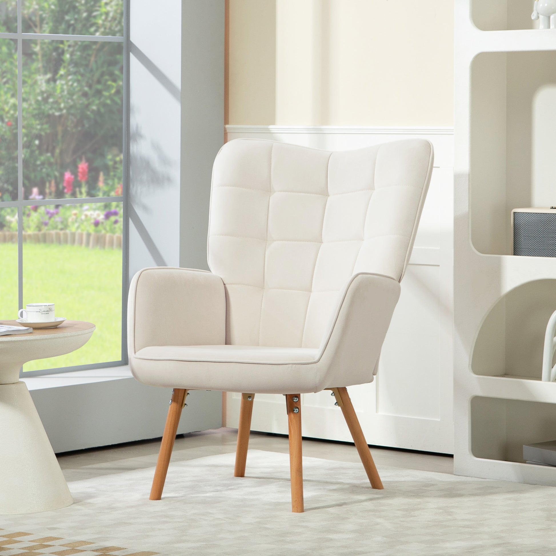 HOMCOM Modern Accent Chair Velvet-Touch Tufted Wingback Armchair Upholstered Leisure Lounge Sofa Club Chair with Wood Legs, Cream White-6