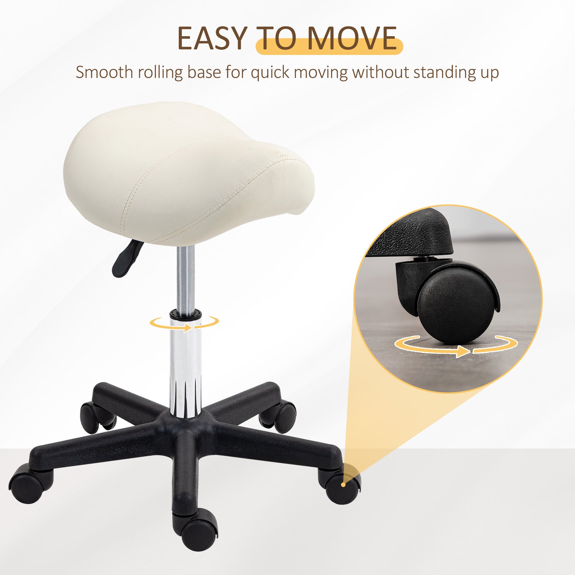 Saddle Stool, PU Leather Adjustable Rolling Salon Chair with Steel Frame for Massage, Spa, Beauty and Tattoo, White | HOMCOM-3