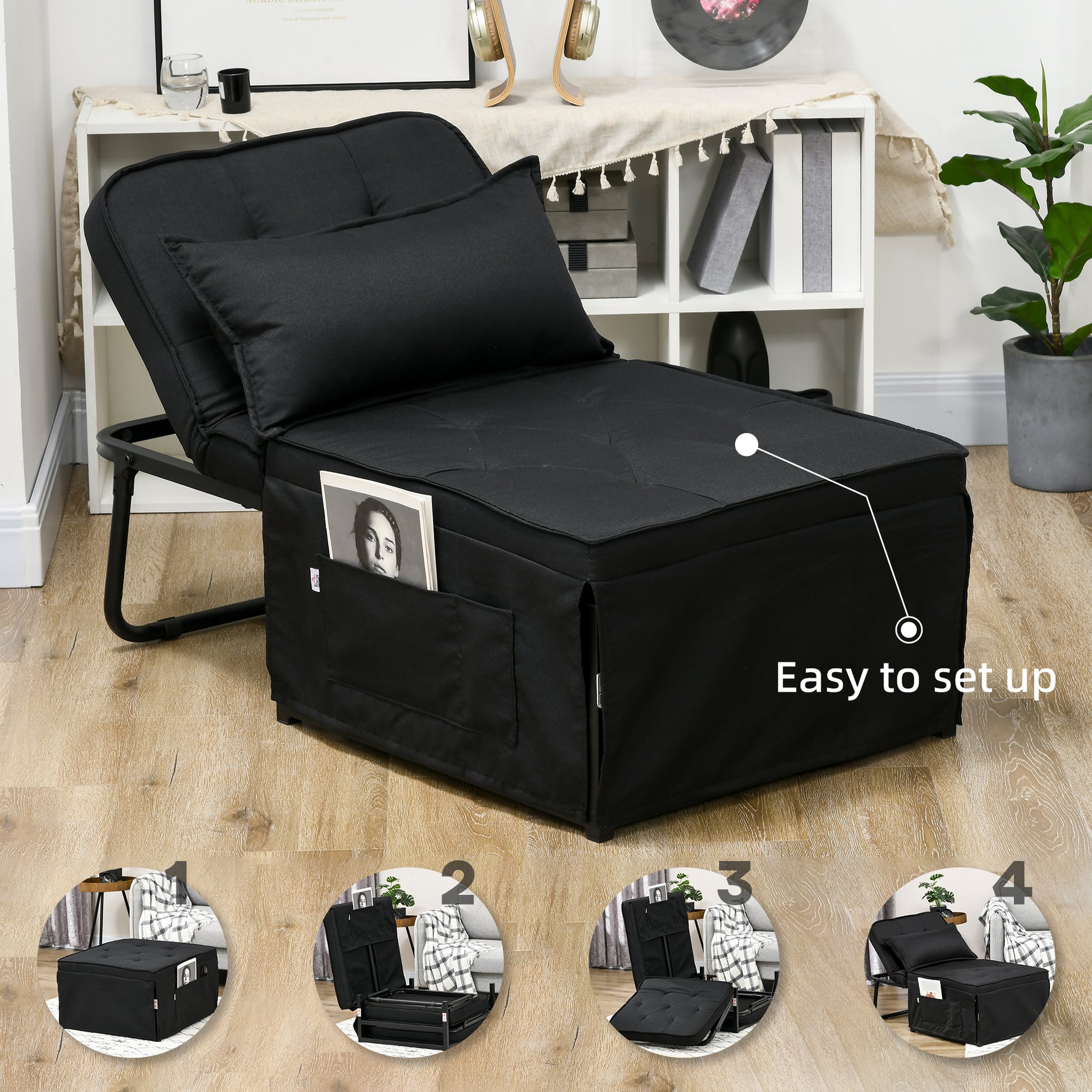 HOMCOM Fabric Sleeper Chair, Folding Chair Bed with Adjustable Backrest, Pillow, Side Pockets for Living Room, Black-4
