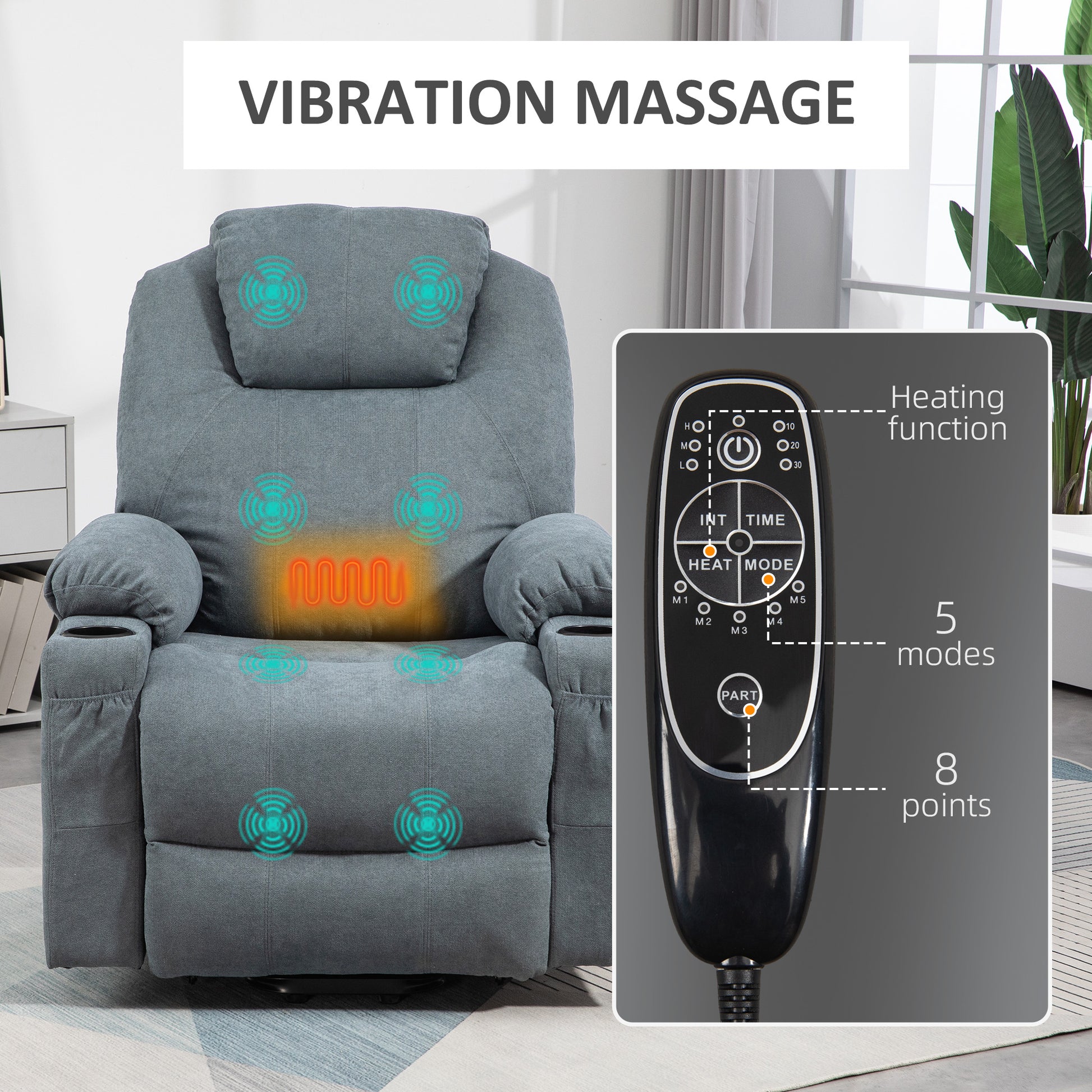 HOMCOM Charcoal Grey Lift Chair, Quick Assembly, Riser and Recliner Chair with Vibration Massage, Heat, Cup Holders-4