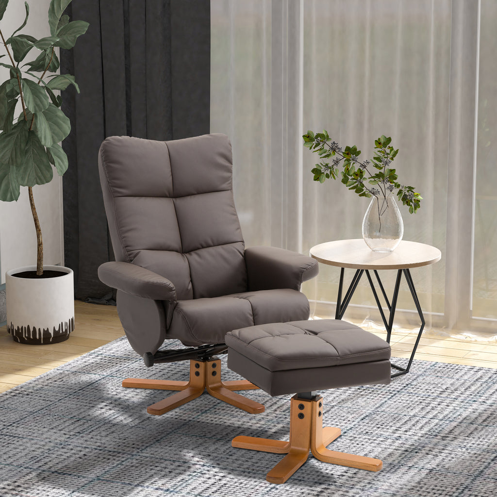 Faux Leather Swivel Recliner Chair with Footstool, Armchair with Wooden Base and Storage for Living Room in Brown | HOMCOM-8