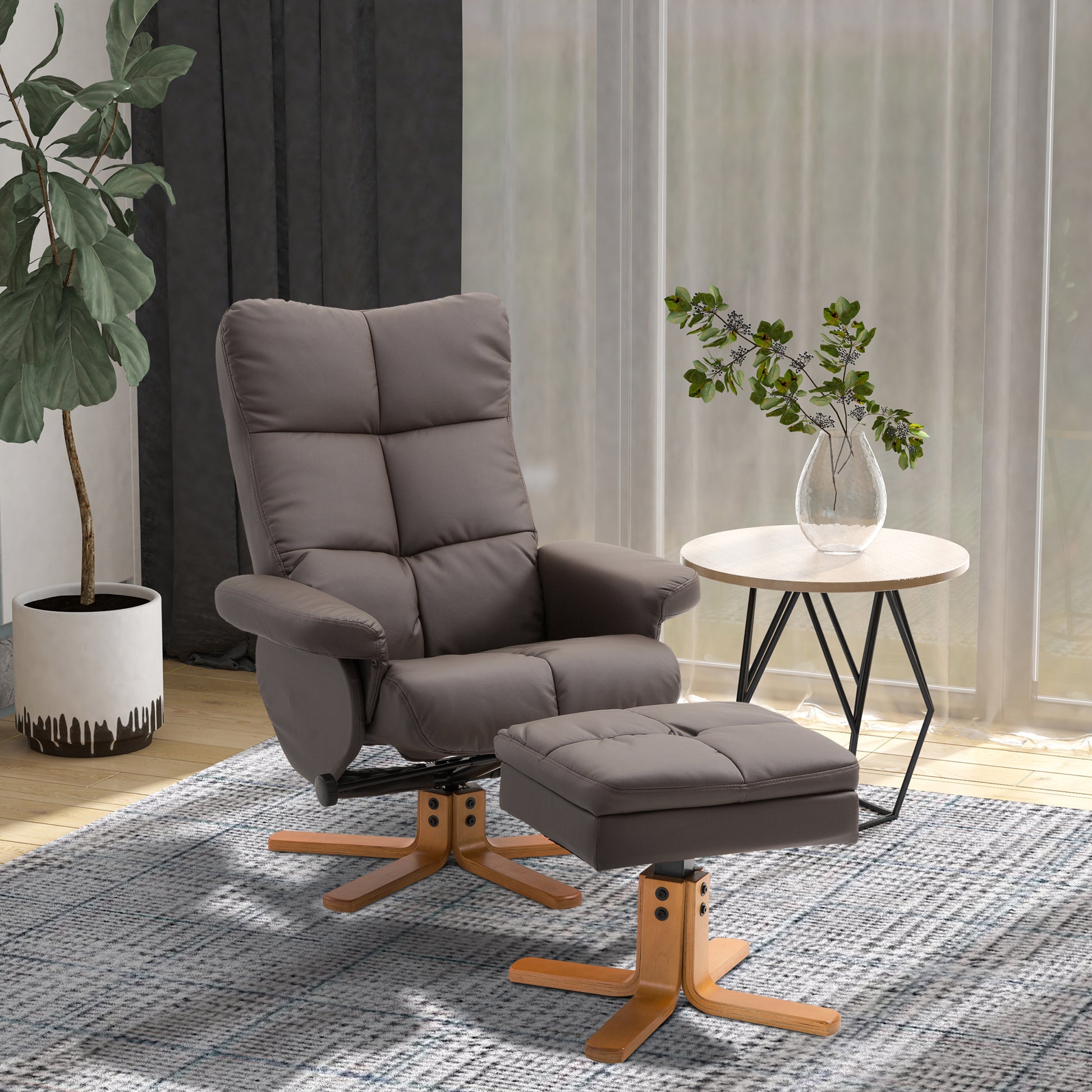 Faux Leather Swivel Recliner Chair with Footstool, Armchair with Wooden Base and Storage for Living Room in Brown | HOMCOM-8