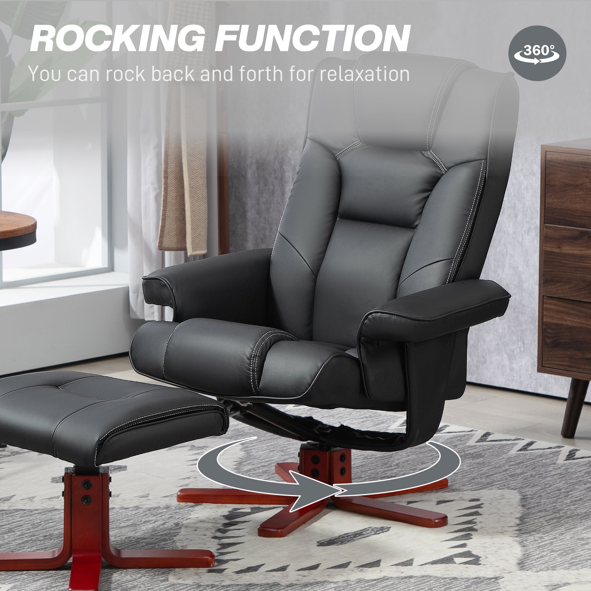 HOMCOM Faux Leather Manual Recliner and Footstool Set in Black-3