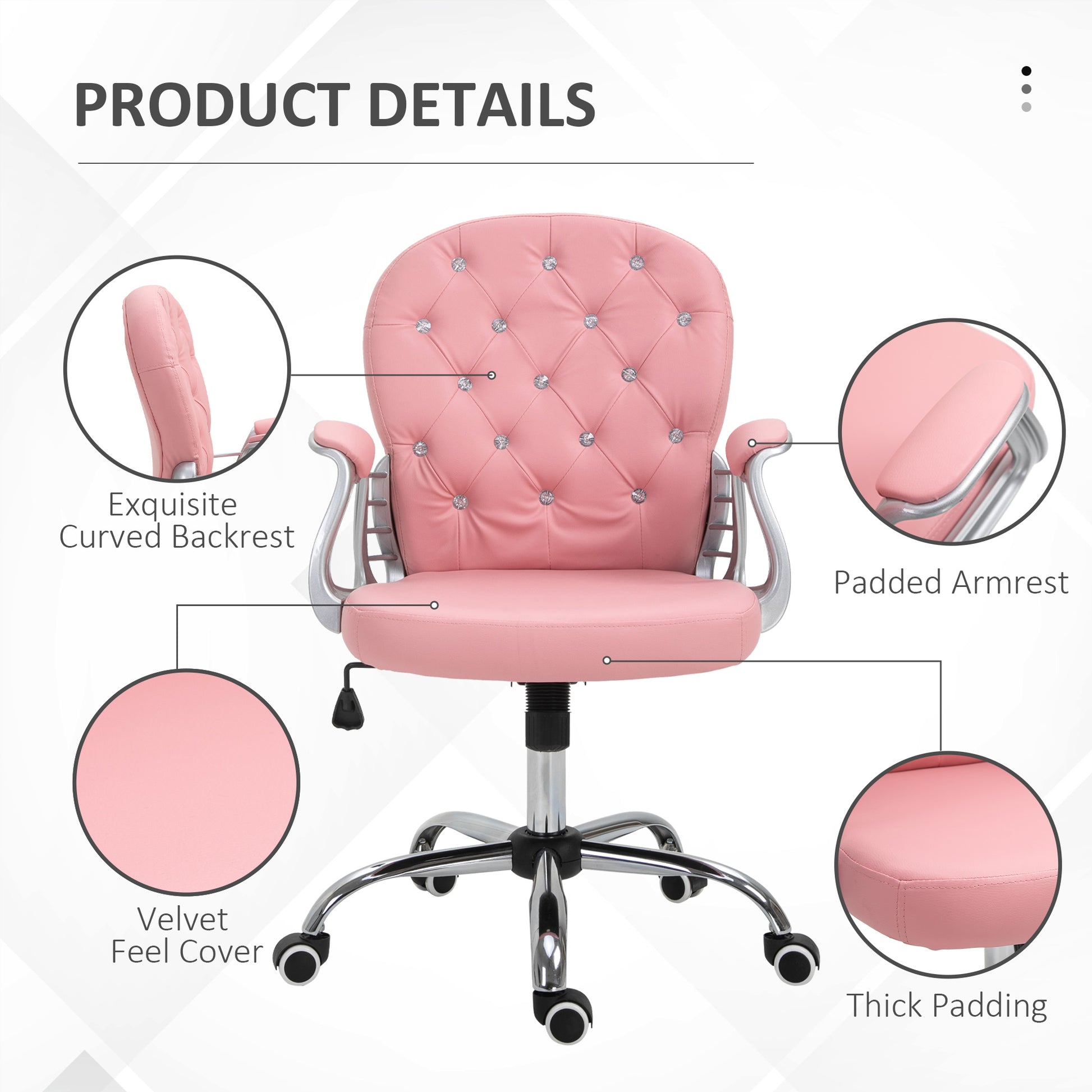 Pink Computer Desk Chair with 360° Swivel, PU Diamante Padded, Base 5 Castor Wheels, Ergonomic Desk Chair by Vinsetto-5