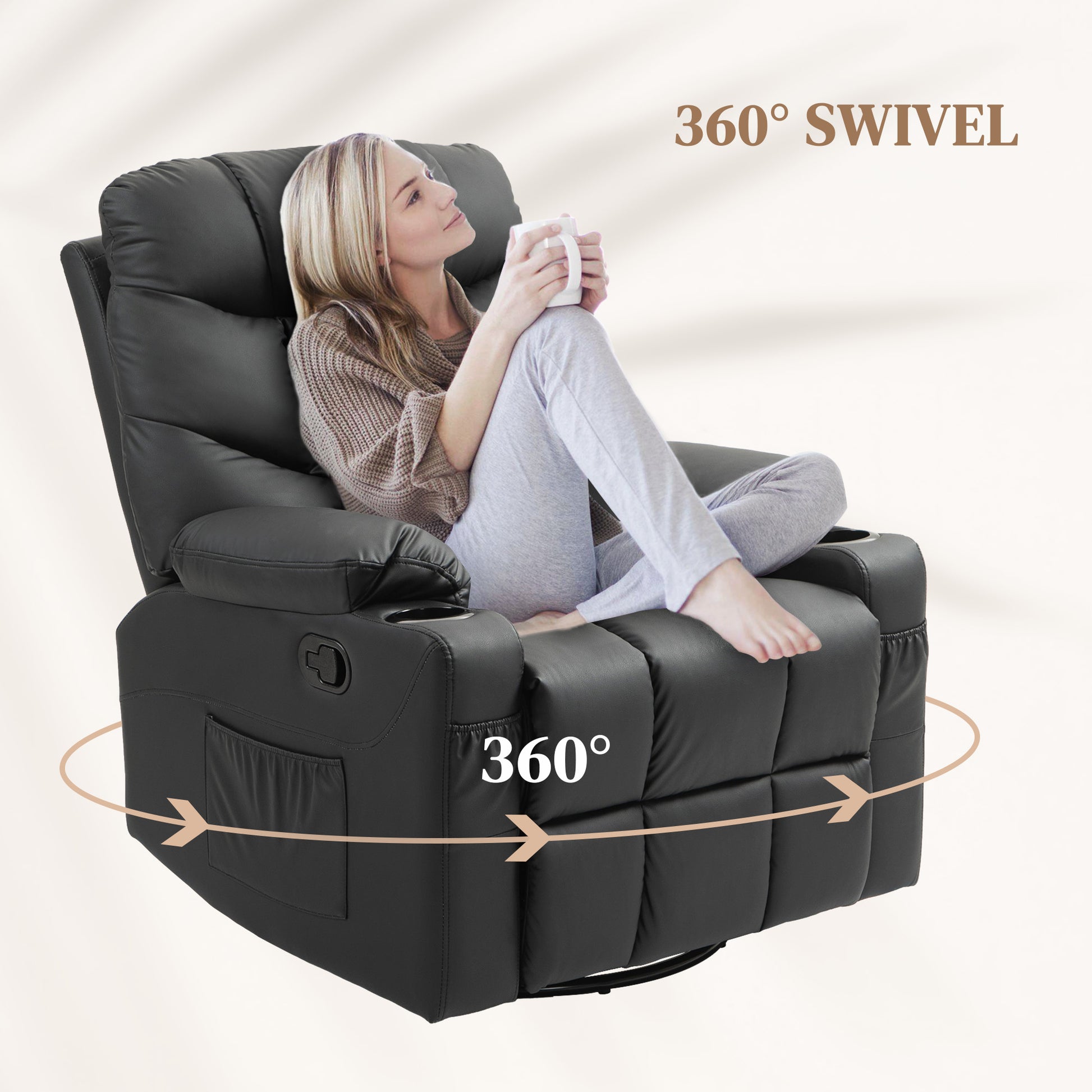 HOMCOM Manual Reclining Chair, Recliner Armchair with Swivel, Faux Leather, Footrest, Cup Holders, 86x93x102cm in Black-3