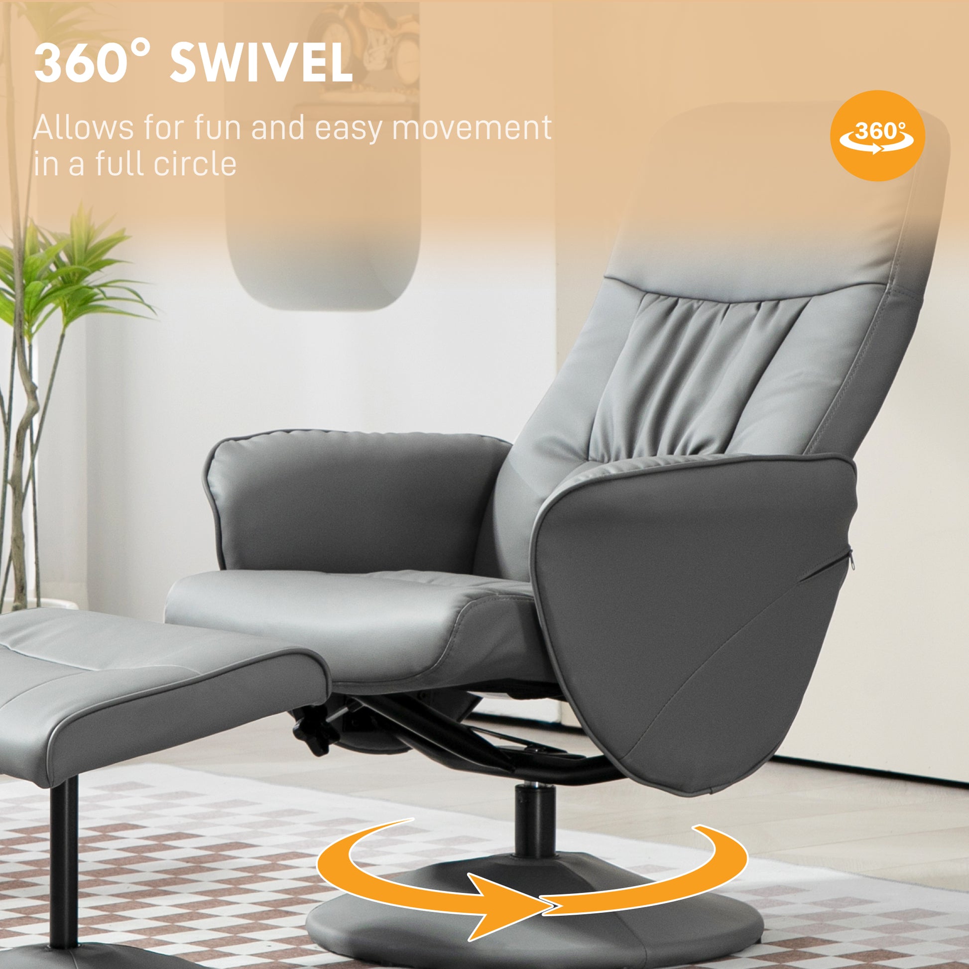 Swivel Recliner Chair with Footstool, HOMCOM PU Leather Armchair and Ottoman with High Back and Round Base for Living Room in Light Grey-3