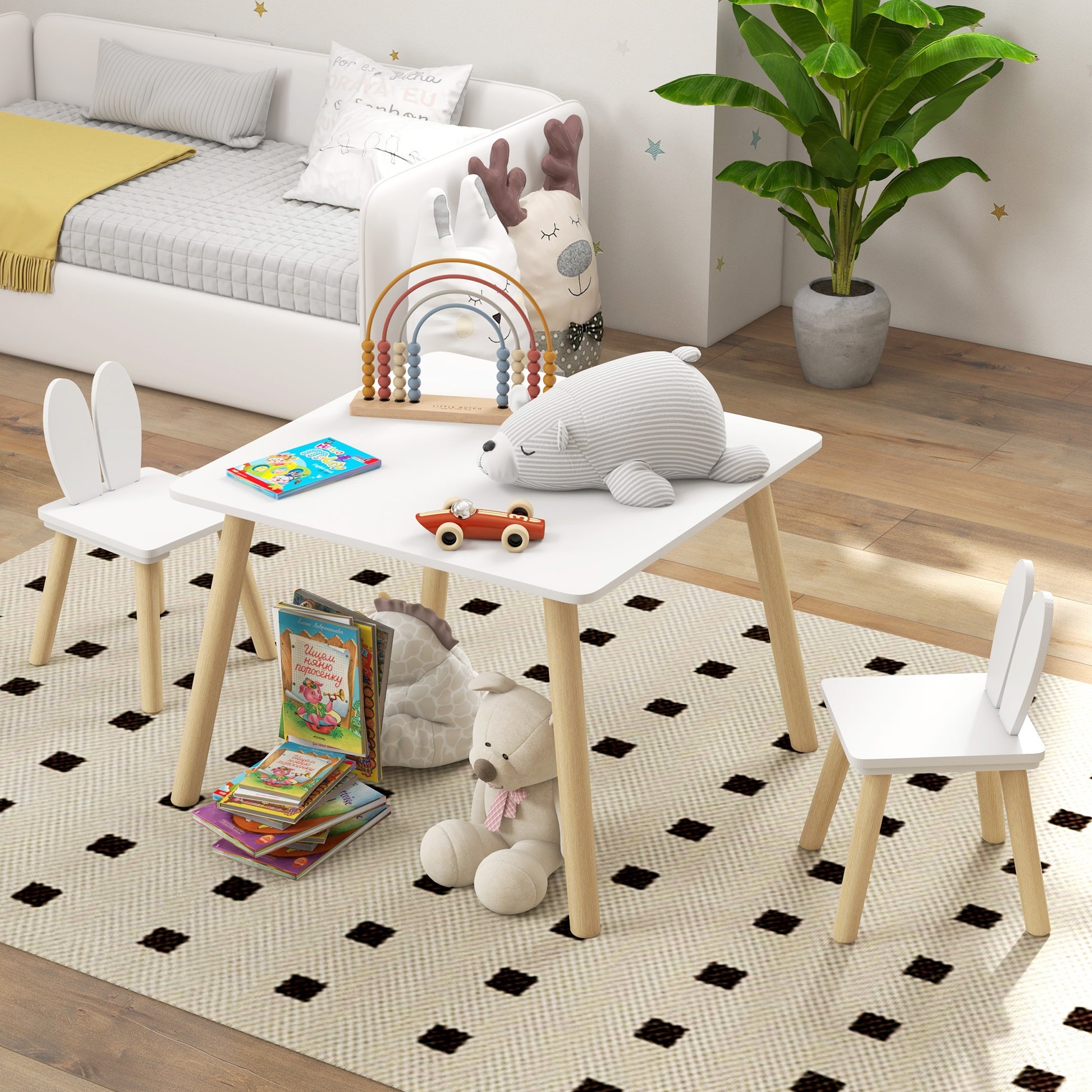 AIYAPLAY 3 Pcs Toddler Table and Chair Set, Kids Desk and 2 Chairs Set with Bunny Ear Backrest, for Nursery, Playroom-7