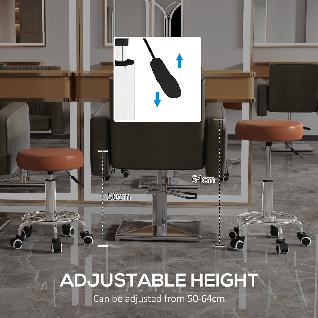 PU Leather Rolling Stool, Height Adjustable Stool Chair with Wheels for Salon, Massage, Spa, Brown | Vinsetto-2