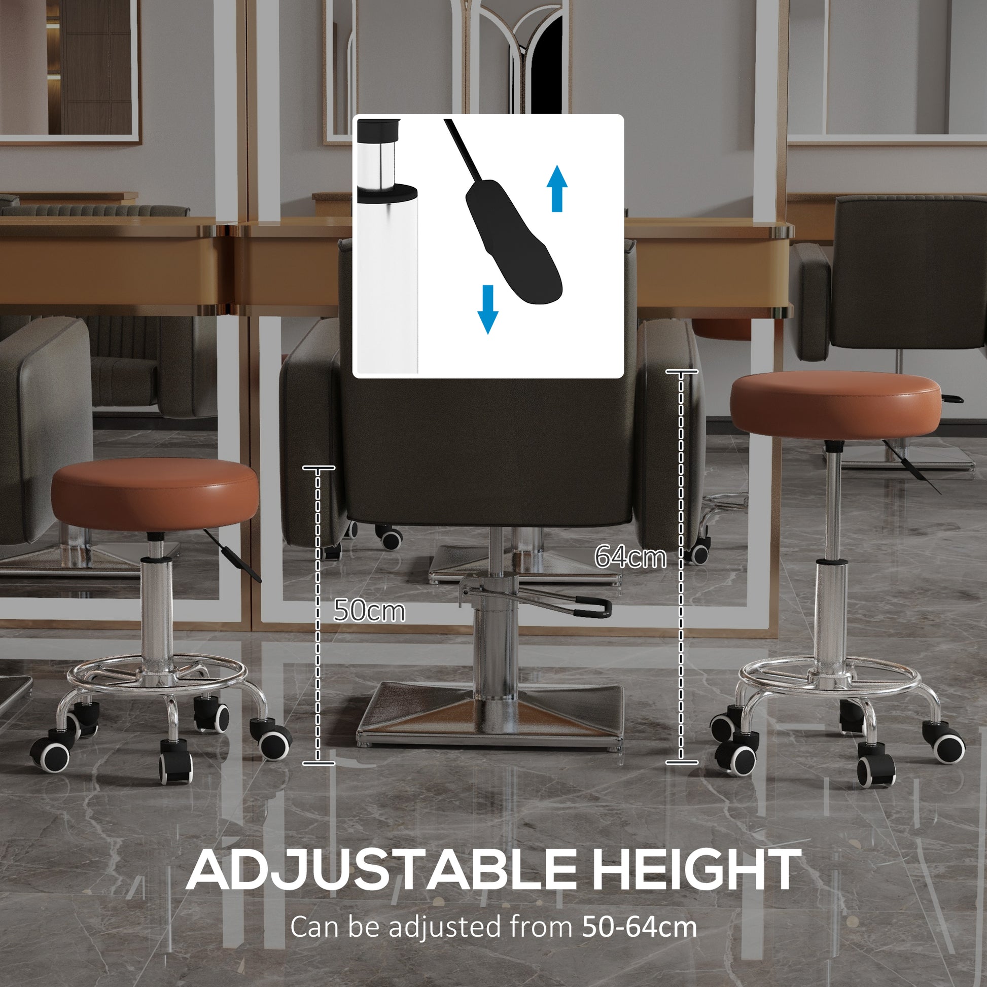 PU Leather Rolling Stool, Height Adjustable Stool Chair with Wheels for Salon, Massage, Spa, Brown | Vinsetto-2