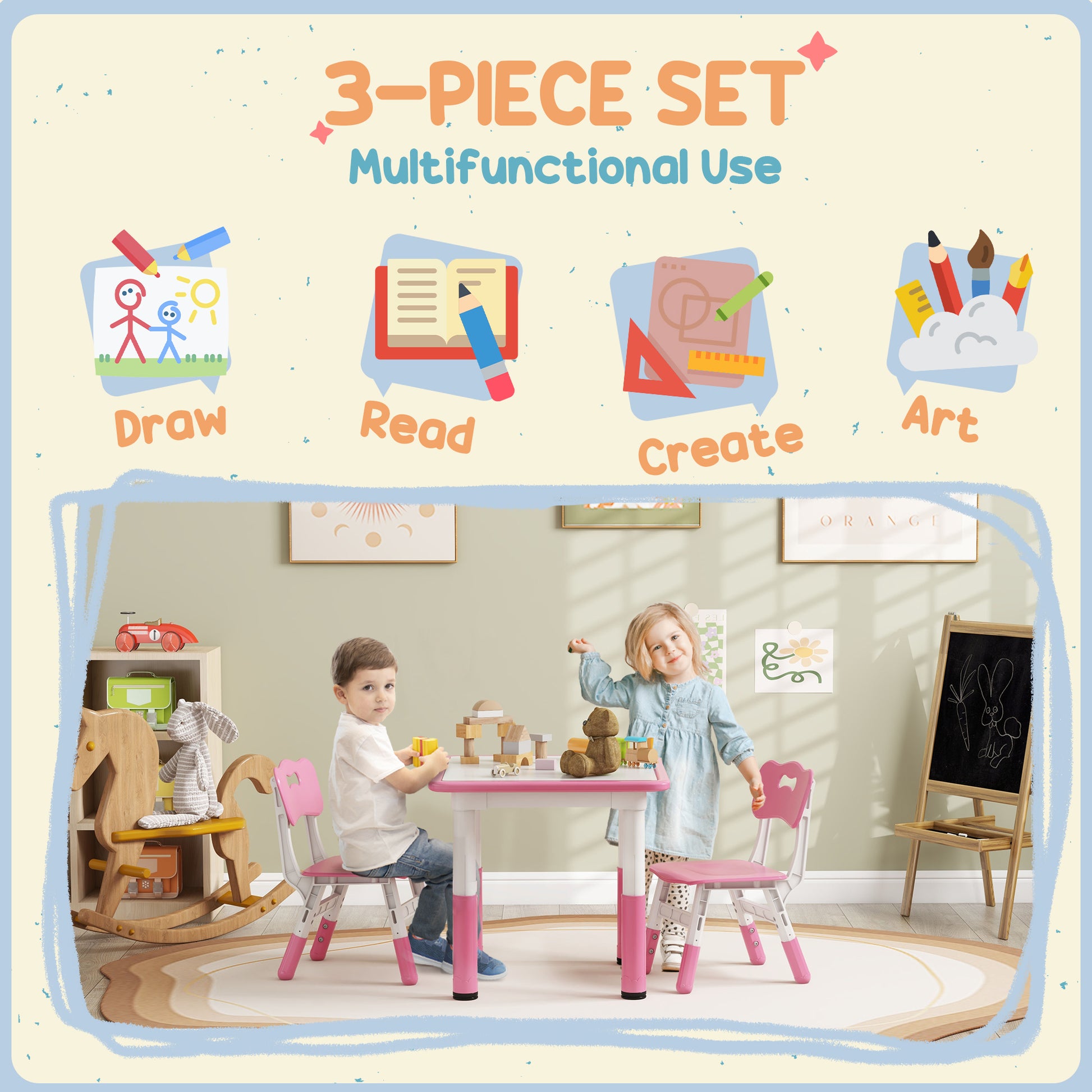 Height Adjustable Toddler Table and Chair Set, 3 Pcs Children Activity Table w/ 2 Chairs, for Playroom, Bedroom - Pink by AIYAPLAY-3