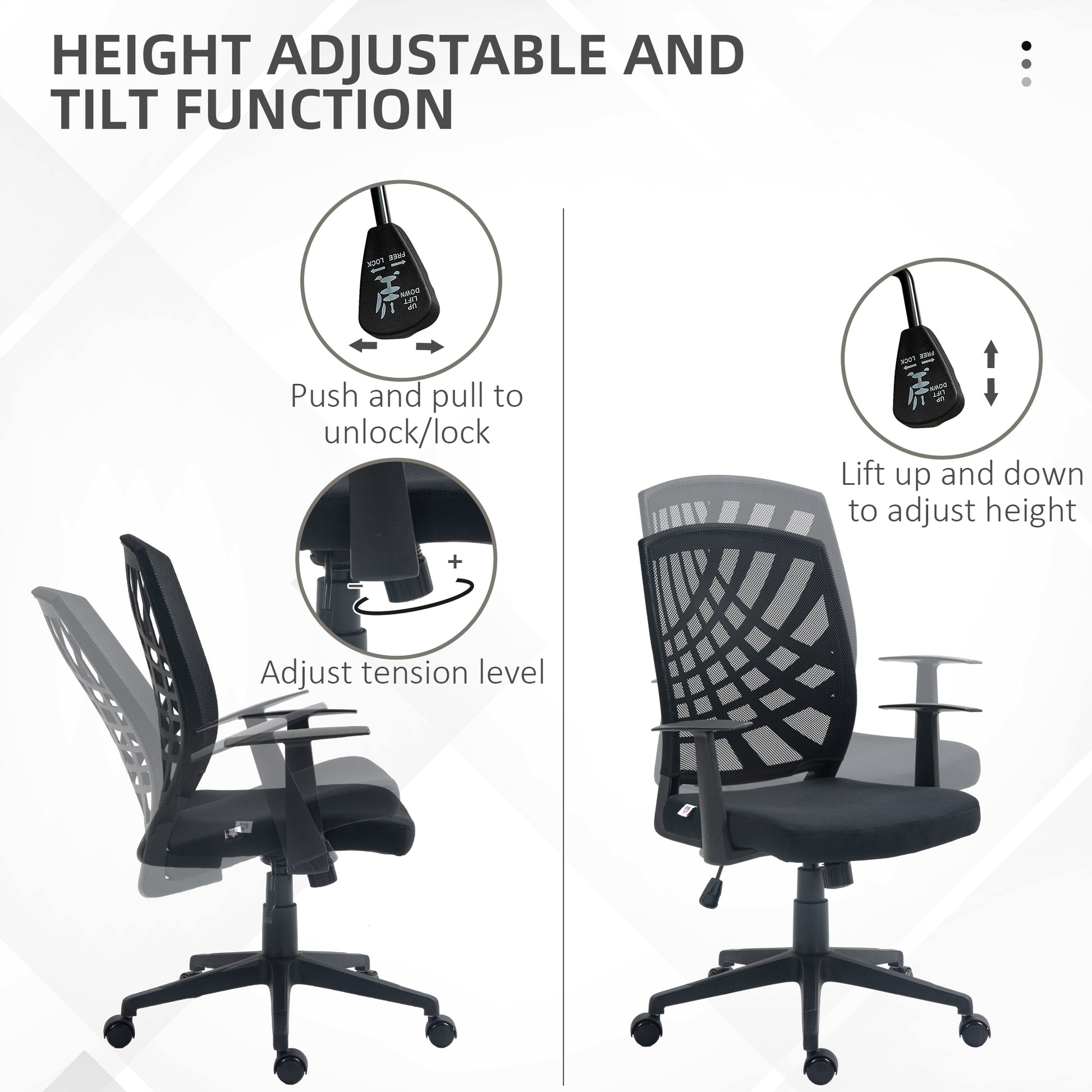 Ergonomic Office Chair, Height Adjustable Mesh Chair, Desk Chair with Swivel Wheels for Home Office, Black | HOMCOM-2