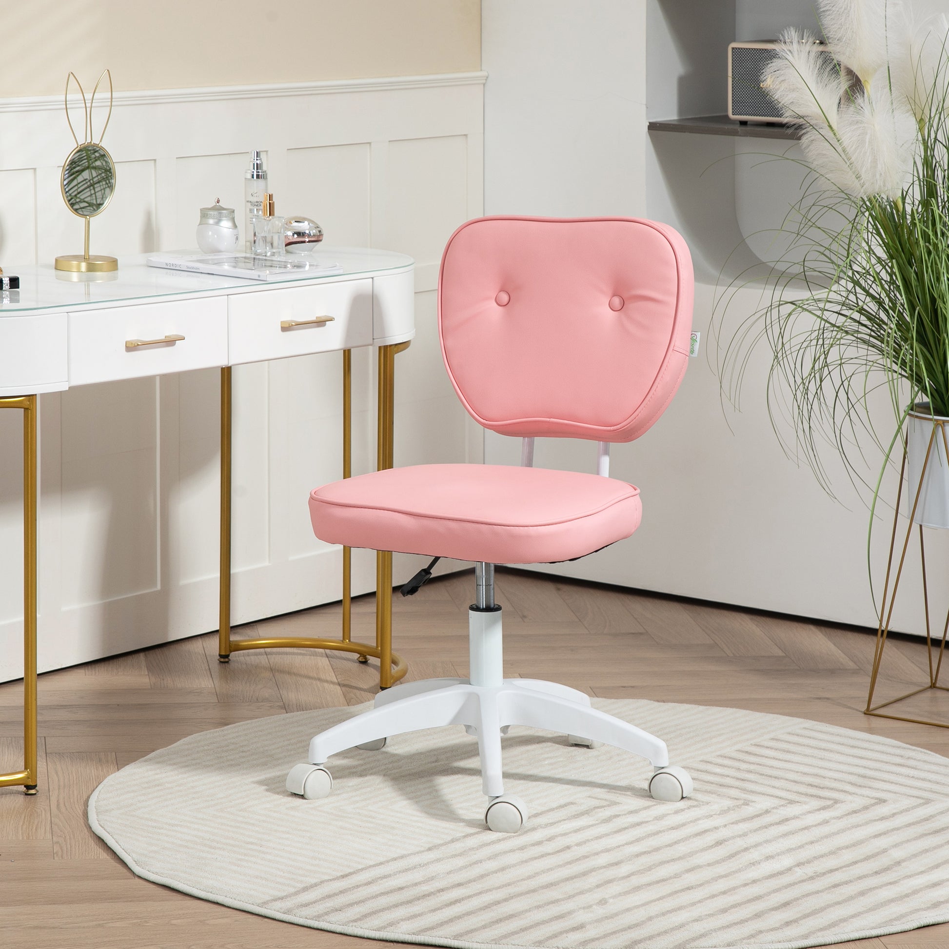 Vanity Office Chair, PU Leather Computer Chair for Home, with Adjustable Height, Armless, Swivel Wheels, Pink by Vinsetto-8
