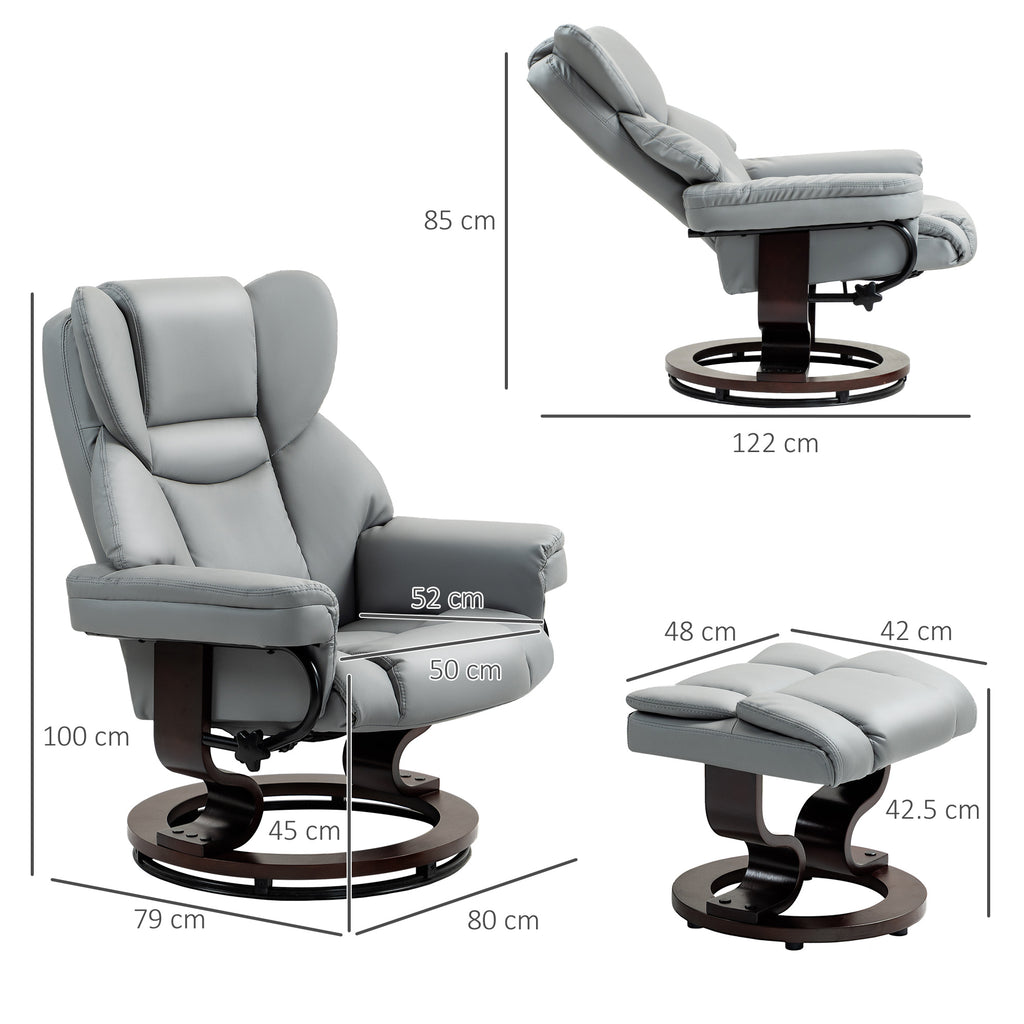 Faux Leather Recliner Chair and Footstool, Swivel Upholstered Armchair with Adjustable Backrest, Wood Base in Light Grey by HOMCOM-1