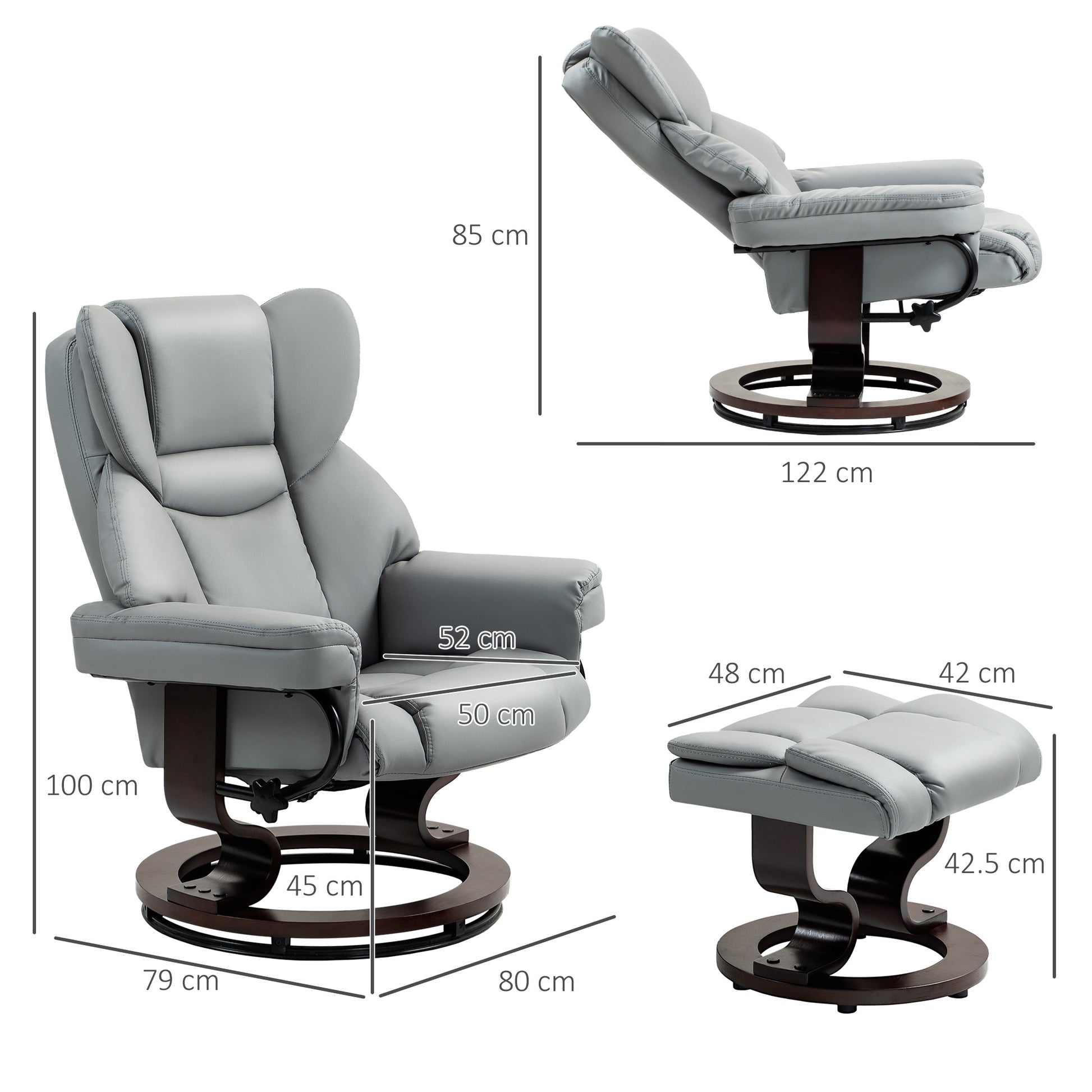 Faux Leather Recliner Chair and Footstool, Swivel Upholstered Armchair with Adjustable Backrest, Wood Base in Light Grey by HOMCOM-1