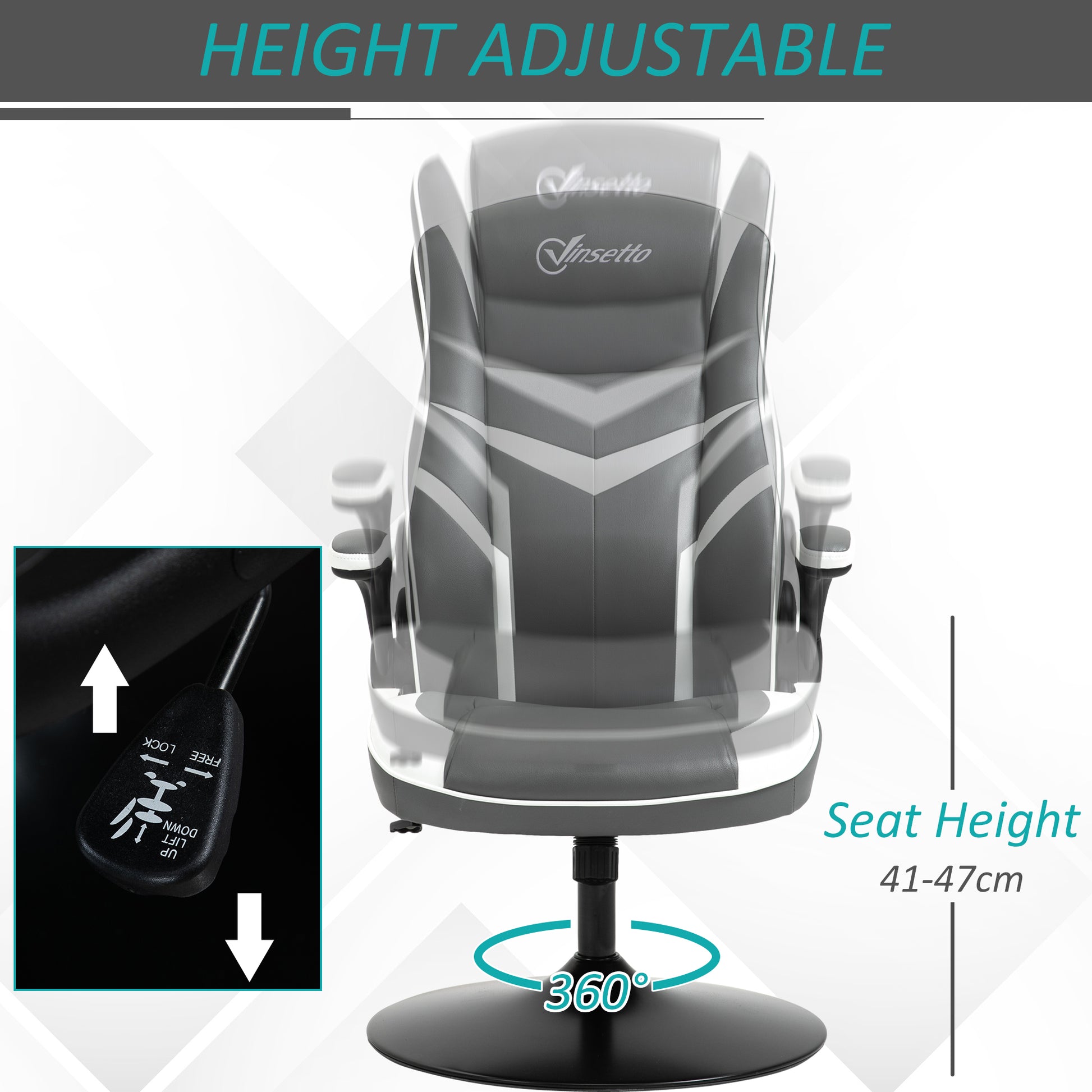 Grey Gaming Computer Desk Chair with Adjustable Height, Swivel Base, PVC Leather Swivel Chair by Vinsetto-2
